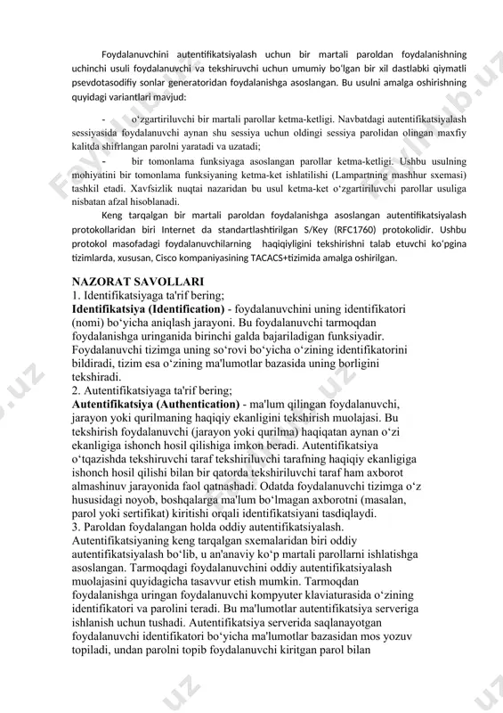 o‘lchanadi. chetlashishning bu qiymati server algoritmi parametri sifatida hisobga olinadi; - server muayyan apparat kalit generatsiyalagan kodlarni kuzatadi va zaruriyat tug‘ilganida ushbu kalitga moslashadi. autentifikatsiyaning bu sxemasi bilan yana bir muammo bog‘liq. apparat kalit generatsiyalagan tasodifiy son katta bo‘lmagan vaqt oralig‘i mobaynida haqiqiy parol hisoblanadi. shu sababli, umuman, qisqa muddatli vaziyat sodir bo‘lishi mumkinki, xaker pin-kodni ushlab qolishi va uni tarmoqdan foydalanishga ishlatishi mumkin. bu vaqt sinxronizatsiyasiga asoslangan autentifikatsiya sxemasining eng zaif joyi hisoblanadi. bir martali paroldan foydalanuvchi autentifikatsiyalashni amalga oshiruvchi yana bir variant - «so‘rov-javob» sxemasi bo‘yicha autentifikatsiyalash. foydalanuvchi tarmoqdan foydalanishga uringanida server unga tasodifiy son ko‘rinishidagi so‘rovni uzatadi. foydalanuvchining apparat kaliti bu tasodifiy sonni, masalan des algoritmi va foydalanuvchining apparat kaliti xotirasida va serverning ma'lumotlar bazasida saqlanuvchi maxfiy kaliti yordamida rasshifrovka qiladi. tasodifiy son - so‘rov shifrlangan ko‘rinishda serverga qaytariladi. server ham o‘z navbatida o‘sha des algoritmi va serverning ma'lumotlar bazasidan olingan foydalanuvchining maxfiy kaliti yordamida o‘zi generatsiyalagan …