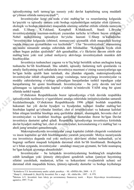 larga yaratib berayotgan qulayliklari fikrimiz dalilidir. investitsiyalar har qanday mamlakatning ijtimoiy-iqtisodiy rivojlanishini harakatlantiruvchi kuch bo‘lib, ularning yordamida iqtisodiyotning innovatsiyalar va yuqori texnologiyalar asosida rivojlanishi qo‘llab-quvvatlanadi, import o‘rnini bosish va eksportbop mahsulotlar ishlab chiqarish siyosatlari muvaffaqiyatli amalga oshiriladi, zamonaviy infratuzilmalar rivojlantiriladi, yangidan-yangi ish joylari yaratilib, ishsizlik muammosining oldi olinadi, eng asosiysi erkin raqobat va tadbirkorlik munosabatlariga asoslangan zamonaviy iqtisodiy tizim rivojlantiriladi. investitsiyalarning yana bir muhim ahamiyati shundaki, ular har qanday mamlakatning yaqin va uzoq kelajakda rivojlanish istiqbollarini belgilab beradi. investitsiya, investitsiya muhiti va shu kabilarni iqtisodiyotni barqaror rivojlantirishdagi rolini oshirish masalasini nazariy va amaliy jihatlari iqtisodchi olimlar tomonidan chuqur tadqiq va tegishli ilmiy xulosalar shakllantirilgan. shu o‘rinda aytib o‘tish lozimki, o‘zbekiston respublikasining 2019 yil 25 dekabrdagi “investitsiyalar va investitsiya faoliyati to‘g‘risida”gi qonunda investitsiyaga quyidagicha ta’rif berilgan: “investitsiyalar – investor tomonidan foyda olish maqsadida ijtimoiy soha, tadbirkorlik, ilmiy va boshqa faoliyat turlari ob’ektlariga tavakkalchiliklar asosida kiritiladigan moddiy va nomoddiy boyliklar hamda ularga …