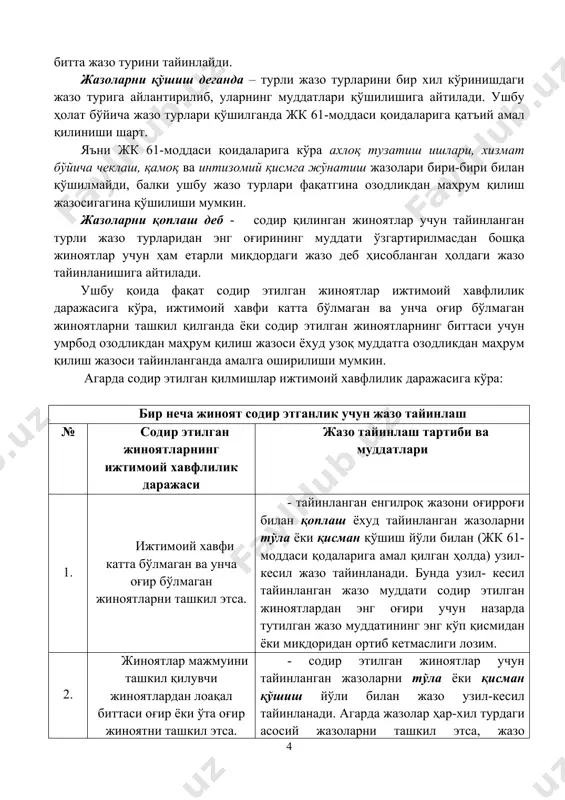линиши шарт. яъни жк 61-моддаси қоидаларига кўра ахлоқ тузатиш ишлари, хизмат бўйича чеклаш, қамоқ ва интизомий қисмга жўнатиш жазолари бири-бири билан қўшилмайди, балки ушбу жазо турлари фақатгина озодликдан маҳрум қилиш жазосигагина қўшилиши мумкин. жазоларни қоплаш деб - содир қилинган жиноятлар учун тайинланган турли жазо турларидан энг оғирининг муддати ўзгартирилмасдан бошқа жиноятлар учун ҳам етарли миқдордаги жазо деб ҳисобланган ҳолдаги жазо тайинланишига айтилади. ушбу қоида фақат содир этилган жиноятлар ижтимоий хавфлилик даражасига кўра, ижтимоий хавфи катта бўлмаган ва унча оғир бўлмаган жиноятларни ташкил қилганда ёки содир этилган жиноятларнинг биттаси учун умрбод озодликдан маҳрум қилиш жазоси ёхуд узоқ муддатга озодликдан маҳрум қилиш жазоси тайинланганда амалга оширилиши мумкин. агарда содир этилган қилмишлар ижтимоий хавфлилик даражасига кўра: бир неча жиноят содир этганлик учун жазо тайинлаш № содир этилган жиноятларнинг ижтимоий хавфлилик даражаси жазо тайинлаш тартиби ва муддатлари 1. ижтимоий хавфи катта бўлмаган ва унча оғир бўлмаган жиноятларни ташкил этса. - тайинланган енгилроқ жазони оғирроғи …