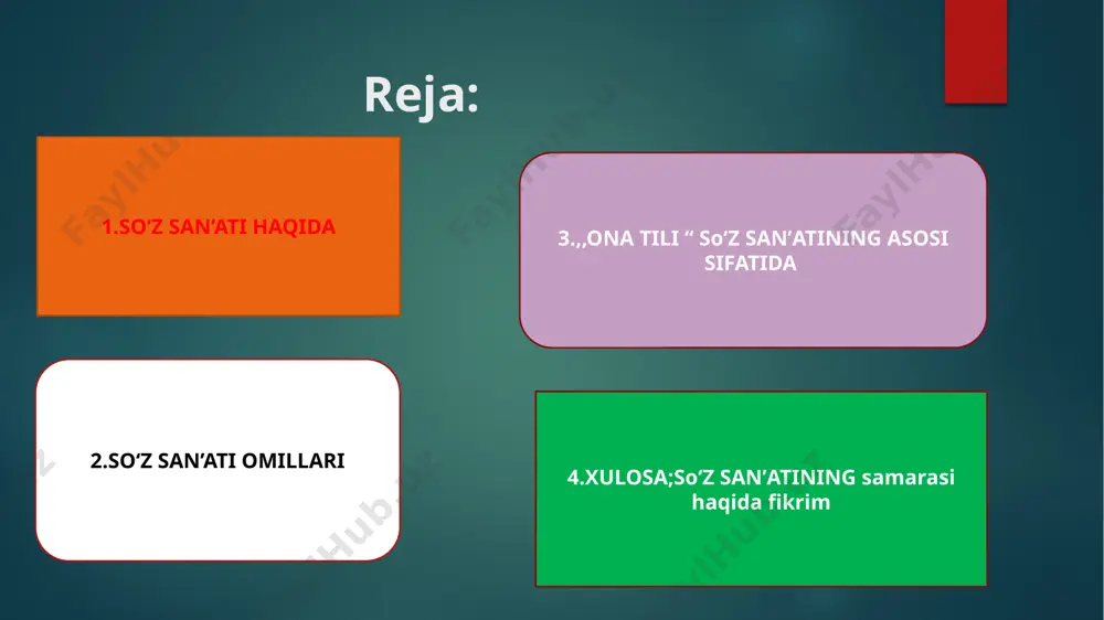 soʻz sanʼati muhim vazifani bajaradi . ona tili soʻz sanʼatining asosi sifatida quyidagi vazifalarni bajaradi: 1. soʻz boyligini (lugʻatini) taqdim qiladi 2. tasvirlar vositalarini beradi 3.fikrni ikkinchi shaxsga yetkazadi soʻz sanʼatining ona tili soʻz boyliklaridan foydalanishida muhim qonuniyatlar mavjud. unga koʻra tasvirlanayotgan fikr adabiy tilda boʻlishi va barchaga bir xil tushunarli tilda boʻlishi kerak soʻz sanʼati asosan bizga ona tilimizni yaxshiroq oʻrganishimiz uchun kerak . har bir inson oʻz ona tilini yaxshi bilmas ekan u boshqa tillar va sohalar haqida toʻliq maʼlumot olaolmaydi. biz oʻz fikrimizni toʻliq yetkazib berishimiz uchun soʻz omillaridan toʻgʻri foydalanishimiz kerak . endi maktabga qadam qoʻygan har bir yosh bola oʻqituvchisidan koʻp narsa oʻrganadi,shunday ekan biz soʻzlashda va dars jarayonida oʻz ona tilimizdan foydalanishimiz lozim savollar: 1. soʻz sanʼati bu nima? 2.soʻz sanʼatining asosiy omillari qaysilar? 3. obrazlilik bu .....? 4.ma’naviy ta’sir bu nima? 5.ona tili soʻz sanʼatining asosi sifatida qaysi vazifalarni bajaradi?. notiqlik bu — …