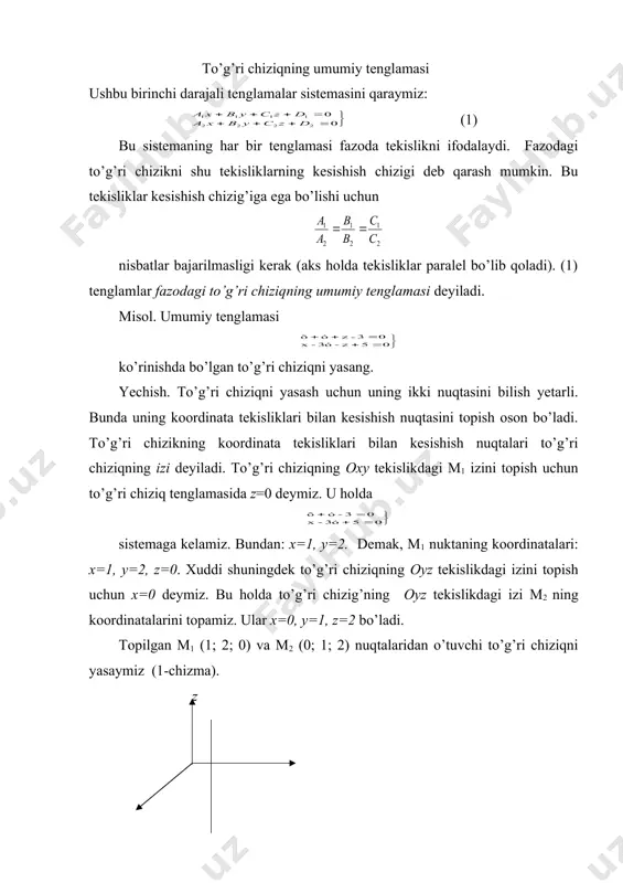 i chiziqning oxy tekislikdagi m1 izini topish uchun to’g’ri chiziq tenglamasida z=0 deymiz. u holda sistemaga kelamiz. bundan: x=1, y=2. demak, m1 nuktaning koordinatalari: x=1, y=2, z=0. xuddi shuningdek to’g’ri chiziqning oyz tekislikdagi izini topish uchun x=0 deymiz. bu holda to’g’ri chizig’ning oyz tekislikdagi izi m2 ning koordinatalarini topamiz. ular x=0, y=1, z=2 bo’ladi. topilgan m1 (1; 2; 0) va m2 (0; 1; 2) nuqtalaridan o’tuvchi to’g’ri chiziqni yasaymiz (1-chizma). z 0 y x 1-chizma. to’g’ri chiziqning kanonik tenglamasi fazoda to’g’ri chiziqning vaziyati biror m1 nuqta shu to’g’ri chiziqqa paralel bo’lgan vektor bilan to’liq aniqlanadi. to’g’ri chiziqqa paralel bo’lgan vektor, shu to’g’ri chiziqning yo’naltiruvchi vektori uning koordinata o’qlariga proyeksiyalari esa to’g’ri chiziqning yo’naltiruvchi koeffisentlari deb ataladi. faraz qilaylik m1 (x1; y1; z1) l to’g’ri chiziq ustidagi nuqta, esa uning yo’naltiruvchi vektori bo’lsin. l to’g’ri chiziqda yotuvchi ixtiyoriy m (x, y, z) nuqtani tutashtiruvchi vector vektorga paralel bo’lgani uchun (2-chizma) va …