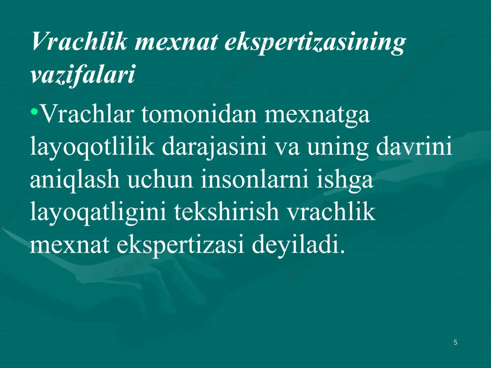oygacha yoki kalendar yilda 5-oygacha beriladi * spirtli ichimliklar ichib mast bo`lish oqibatida olingan jaroxatlar va kasalliklarda kasallik varaqasi berilmaydi, bunda mexnatga layoqatsizlik xolati ro`y bersa quyidagi xolatlarda ma`lumotnoma beriladi: a) spirtli ichimlikni suvistemol qilish oqibatida (alkogoldan o`tkir zaxarlanish, alkogol psixozlar va boshqalar) b) surunkali alkogolizmda; v) alkogol iste`mol qilish bilan bog'liq ravishda vujudga kelgan o`tkir kasallik yoki surunkali kasallikning avj olishi oqibatida; g) mast xolatda yuz bergan jaroxatlarda * agar tegishli organlar (iiv, prokuratura va boshqalar) xulosasiga ko`ra jarohatlanish alkogol iste`moli bilan bog'liq emas deb topilsa (m-n, jamoat transporti halokatida olingan jarohat) davolash-profilaktika muassasasi vkk tomonidan ma`lumotnomani kasallik varaqasiga almashtirishadi. nogironlik - bu mexnat qobiliyatini doimiy (uzoq muddat) yo`qotganliq yoki ko`p jihatdan qisqarganlikdir. nogironlik vrachlik - mexnat ekspert komissiyalari tomonidan belgilanadi. davolash-profilaktika muassasalari nogironlik sabablarini o`rganadilar. o`zbekiston respublikasi vazirlar mahkamasining qarori tibbiy-mexnat ekspertiza xizmati boshqarish tuzilmasini va faoliyatini tashkil etishni takomillashtirish chora-tadbirlari to`g'risida (o`zbekiston respublikasi qonun hujjatlari to`plami, 2008 …