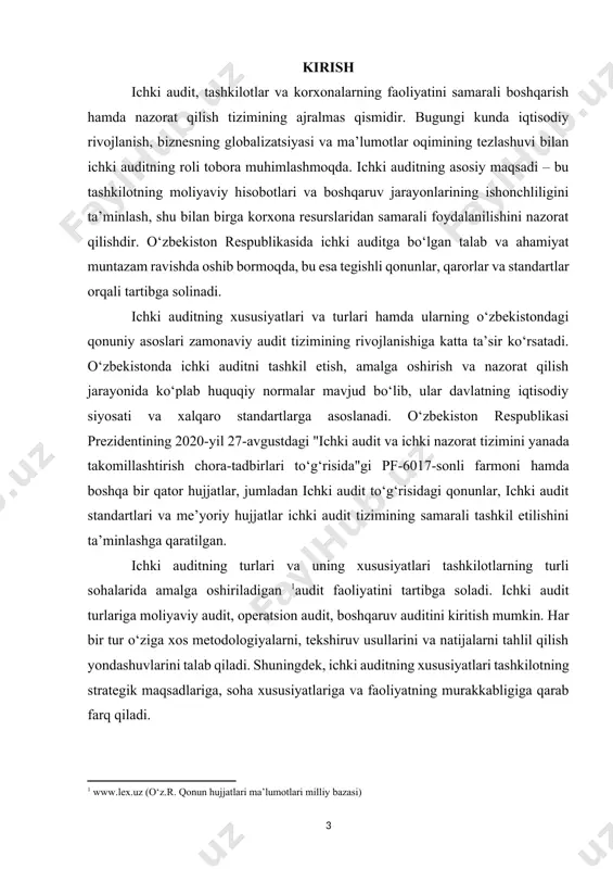 ditning eng muhim vazifalaridan biri – tashkilotning risklarini boshqarishdir. risklarni o‘rganish, ularni baholash va nazorat qilish orqali auditorlar tashkilotning kelajakdagi muvaffaqiyatini ta’minlashga yordam beradi. shuningdek, ichki audit orqali amalga oshiriladigan baholashlar, tashkilotlarning strategik maqsadlariga erishishda muhim ahamiyatga ega bo‘lib, ular moliyaviy barqarorlikni ta’minlash, resurslarni samarali boshqarish, va ayniqsa korrupsiyaning oldini olish kabi jarayonlarda muhim rol o‘ynaydi. ichki auditning xususiyatlari va turlari jarayonida, auditorlar turli metodologiyalardan va texnikalardan foydalanadilar. birinchidan, ichki audit turlari turli maqsadlar va faoliyat sohalariga qarab farq qiladi. masalan, moliyaviy audit – bu tashkilotning moliyaviy hisobotlarining to‘g‘riligini, aniqligini va yaxlitligini tekshirishni o‘z ichiga oladi. ikkinchidan, operatsion audit tashkilotning kundalik faoliyatini tahlil qilib, samaradorlik va resurslarni optimallashtirishga qaratilgan. boshqaruv auditlari esa korxona rahbariyatining qarorlar qabul qilish jarayonlarini baholashni maqsad qilib qo‘yadi. har bir audit turi o‘ziga xos uslublarni va tahlil metodlarini talab qiladi, shuning uchun ichki auditning turli yo‘nalishlari tashkilotga muayyan ehtiyojlariga mos ravishda amalga oshiriladi. o‘zbekistondagi ichki audit …