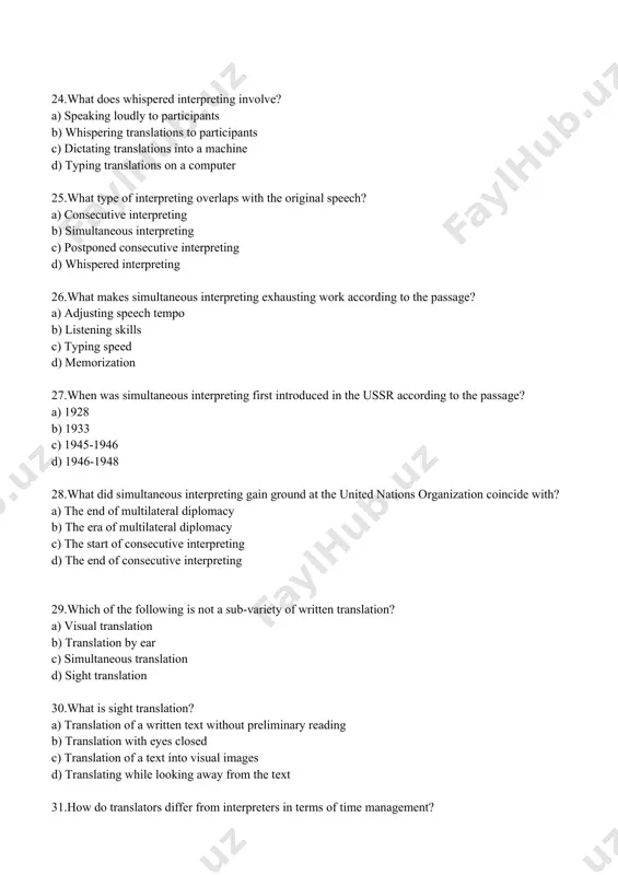 way from the text 31.how do translators differ from interpreters in terms of time management? a) translators have more time to refine their work b) interpreters have more time to refine their work c) both have equal time for refinement d) none of the above 32.which of the following statements is true about acquiring supplementary knowledge? a) translators acquire supplementary knowledge during interpreting b) interpreters acquire supplementary knowledge during translation c) both translators and interpreters acquire supplementary knowledge during their tasks d) translators acquire supplementary knowledge during written translation 33.how does the rate of word production compare between a professional translator and a simultaneous interpreter? a) the translator produces fewer words per minute than the interpreter b) the translator produces more words per minute than the interpreter c) both produce words at the same rate d) the translator's word production rate depends on the language pair 34.what is the typical …