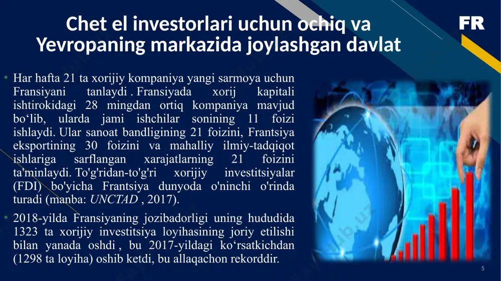 kafolatlaydi va himoya qiladi. agar o‘zbekiston respublikasining keyingi qonun hujjatlari investitsiyalar uchun shart-sharoitlarni yomonlashtirsa, u holda xorijiy investorlarga investitsiya kiritilgan kundan boshlab o‘n yil davomida investitsiya kiritilgan kundagi amaldagi qonun hujjatlari qo‘llaniladi. chet ellik investor o'z xohishiga ko'ra yangi qonun hujjatlarining uning investitsiyalari uchun sharoitlarni yaxshilaydigan qoidalarini qo'llashga haqli. fr 16 yuridik shaxslarni davlat roʻyxatidan oʻtkazishni amalga oshiruvchi davlat tashkilotlari yuridik shaxslarni davlat roʻyxatidan oʻtkazishni amalga oshiruvchi davlat tashkilotlari – tashqi ishlar vazirligi, ichki ishlar vazirligi, investitsiyalar va tashqi savdo vazirligi, davlat soliq xizmati xorijiy investor tomonidan kafillik qoʻllanilganligi toʻgʻrisida xabardor qilingan vakolatli organlar hisoblanadi. o‘zbekiston respublikasi qo‘mitasi va xizmat ko‘rsatuvchi banklar. fr 17 davlat moliyasini boshqarish oʻzbekiston aholi jon boshiga yalpi ichki mahsuloti past/oʻrta boʻlgan mamlakatlarga qaraganda oʻrtacha koʻproq davlat daromadlarini yigʻadi, hattoki oecdning koʻplab soliqlari yuqori boʻlgan mamlakatlarga qaraganda koʻproq. 2019-yilda o‘zbekistonda amalga oshirilgan keng ko‘lamli soliq islohotlari byudjet daromadlari darajasining pasayishiga olib kelmadi, bu esa davlat korxonalarini …