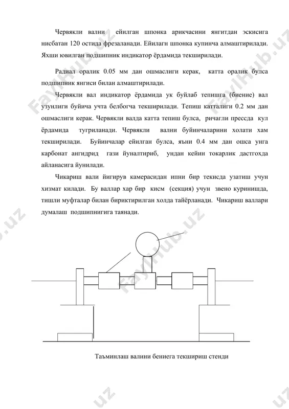 омони махкамланади, шпинделнинг орка каллагига валнинг унг охири томони таянади. олдинги каллак шпиндели электродвигатель 2 дан тасмали узатма ёрдамида айлантирилади. урашва бошка валларни тугрилаш стенди а д а б и ё т л а р 1. и. а. каримов "узбекистон иктисодий ислохатларни чукурлаштириш йулида" тошкент узбекистон - 1995 й 2. и. а. каримов " баркамол авлод узбекистон тараккиетининг пойдевори" тошкент убекистон - 1998 й 3. м. и. худых. "ремонт и монтаж оборудования текстильной и легкой промышленности". москва "легкая индустрия" 1974 г. 4. ш.у.йулдошев. "машиналар ишончлилиги ва уларни таъмирлаш асослари". тошкент "укитувчи" 1994 йил. 5. м.и.худых. "ремонт текстильных машин". москва "машиностроение" 1993 г. 6. пирогов. " наденность текстильных машин". москва "машиностроение" 1987 г. 7. зизюкин м. и. "надежность швейных машин". москва "машиностроение" 1973 г. 8. галиев. захаров. "ремонт и эксплуатация машин первичной обработки волокна" тошкент "укитувчи" 1972 г.