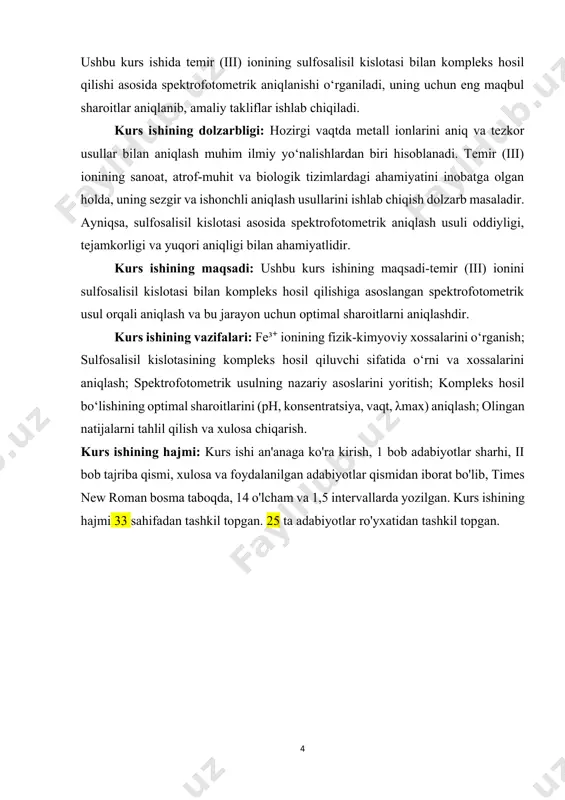 ismi, xulosa va foydalanilgan adabiyotlar qismidan iborat bo'lib, times new roman bosma taboqda, 14 o'lcham va 1,5 intervallarda yozilgan. kurs ishining hajmi 33 sahifadan tashkil topgan. 25 ta adabiyotlar ro'yxatidan tashkil topgan. i-bob: asosiy qism 1.1. spektrofotometrik tahlil usulining nazariy asoslari spektrofotometriya – bu moddalarning yorugʻlik nurlarini yutish xususiyatiga asoslangan analitik tahlil usuli boʻlib, asosan eritmadagi modda konsentratsiyasini aniqlash uchun qoʻllaniladi. ushbu usulda eritma orqali oʻtkazilgan yorugʻlik nuri intensivligining kamayishi oʻlchanadi. spektrofotometriya ko'proq ultrabinafsha (uv), ko'rinadigan (vis) va ba'zan infraqizil (ir) nurlar sohasida amalga oshiriladi. spektrofotometrik tahlil buger-lambert qonuniga asoslanadi. bu qonunga ko'ra, eritmadagi modda konsentratsiyasi va yutilgan nurning miqdori o'rtasida bevosita proporsional bogʻliqlik mavjud. buger-lambert qonuni quyidagicha ifodalanadi: a = ε c l. bu yerda a - absorbans (yutilish darajasi), ε - molyar yutilish koeffitsiyenti, c - eritmadagi moddaning konsentratsiyasi l - nurning eritma orqali o‘tish yo‘li uzunligi. absorbans qiymati kiruvchi va chiqqan nurning intensivliklari nisbatining logarifmiga teng bo‘lib, …