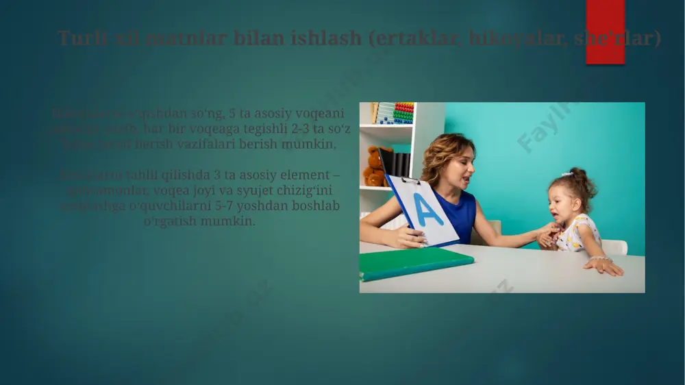 daktik materiallardan foydalanish, oʻquv jarayonini 20-30% ga samaradorligini oshiradi. matnlarni chizish va rasmlar orqali ifodalash matnlarni chizish orqali ifodalashda 5-7 yoshli bolalar uchun sodda, kattaroq rasmlar va yorqin ranglardan foydalanish samarali bo‘ladi, bu ularning tushunishini va matn mazmunini yaxshiroq eslab qolishlariga yordam beradi. hikoya matnlarini rasmlar orqali ifodalashda sekvensial (ketma-ket) rasmlar yaratish, har bir rasmga matndan 3-4 ta kalit so‘z yozish bolalarning hikoya voqealarini ketma-ket tushunishlariga yordam beradi. zamonaviy texnologiyalardan matnlar bilan ishlashda foydalanish zamonaviy interfaol o'quv dasturlari, masalan, 3d modellashtirish yordamida 5-sinf o'quvchilariga 20 ta hikoya matnini chuqurroq tushunishga yordam beradi. onlayn lug'atlar va tarjimonlar yordamida 100 ga yaqin noma'lum so'zlarni aniqlash va ularning ma'nosini tushunish o'quv jarayonini tezlashtiradi. matn turlari va ularning oʻquvchilar uchun ahamiyati matn turlari, masalan, hikoya, she’r, ertak va maqol kabi 4-5 ta asosiy turdagi matnlar bilan ishlash, bolalarning turli xil o'quv uslublarini rivojlantirishga yordam beradi. har bir matn turiga xos bo'lgan lug'at boyligi va …