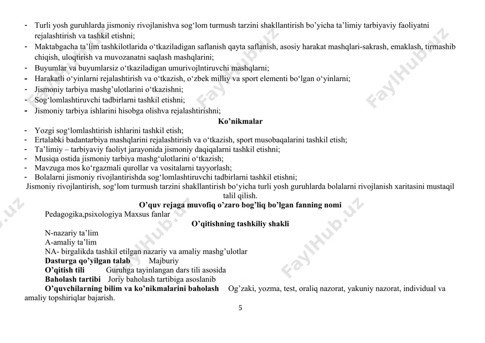 larini kelib chiqish tarixi va ahamiyati 4 2 2 2 22 sport elementi bo‘lgan o‘yinlarni ahamiyati va turlari 4 2 2 2 23 sport mashqlarini o‘tkazish 2 2 2 24 мaktabgacha ta’lim tashkilatlarida jismoniy tarbiya ish shakllarini tashkil etish. jismoniy tarbiya mashg‘uloti 2 2 2 25 kichik va o‘rta guruh bolalari ushun jismoniy tarbiya mashg‘ulotini ishlanmasini tuzish va o‘tkazish 4 2 2 2 26 katta va tayyorlov guruh bolalari ushun jismoniy tarbiya mashg‘ulotini ishlanmasini tuzish va o‘tkazish. 4 2 2 2 27 мaktabgacha ta’lim tashkilotlarida jismoniy sog‘lomlashtiruvchi tadbirlar ertalabki badantarbiya 4 2 2 28 kichik va o‘rta guruhlarda ertalabki badantarbiya mashqlarini ishlanmasini tuzish va o‘tkazish 4 2 2 2 29 katta va tayyorlov guruhda ertalabki badantarbiya mashqlarini ishlanmasini tuzish va o‘tkazish 4 2 2 2 30 jismoniy daqiqalarni ahamiyati va o‘tkazish uslubi 4 2 2 2 31 bolalar bilan yakka tartibda ish olib borish va mustaqil harakat faoliyati 2 2 …