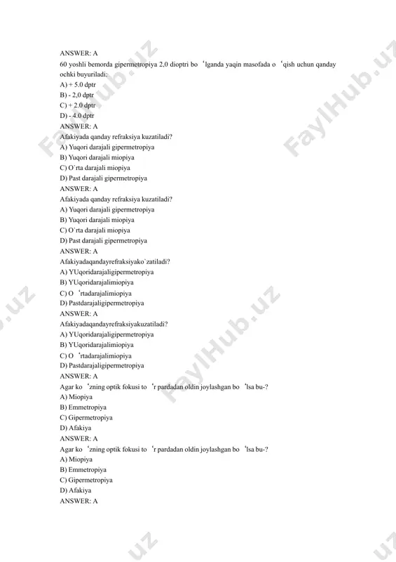 vergensiyaga c) g`ilaylikka d) ambliopiyaga answer: a akkomodasiyasining doimiykuchlanishi nimaga olib keladi? a) kipriksimon muskulning spazmiga b) divergensiyaga c) g‘ilaylikka d) ambliopiyaga answer: a akkomodasiyasiningdoimiykuchlanishinimagaolibkeladi? a) kipriksimonmuskulningspazmiga b) divergensiyaga c) g‘ilaylikka d) ambliopiyaga answer: a akkomodativ muskulni innervasiya qiluvchi tolalar qaysi nerv tarkibiga kiradi: a) ko`zni harakatlantiruvchi b) uzoqlashtiruvchi c) g’altaksimon d) uch shoxli answer: a ambliopiya nima? a) dangasa ko`zining ko`rish o`tkirligining pasayishi b) qorong`ulikka adaptasiyaning buzilishi c) rang ajratish ko`rishining buzilishi d) ko`z olmaning harakatining buzilishi answer: a ambliopiya nima? a) g`ilay ko`zda ko`rishning pasayishi b) to`r parda kasalligida ko`rishni pasayishi c) ko`z olmasining harakatining susayishi d) dakriosistitning asorati answer: a ambliopiyanima? a) g‘ilayko‘zdako‘rishningpasayishi b) to‘rpardakasalligidako‘rishnipasayishi c) ko‘zolmasiningharakatiningsusayishi d) dakriosistitningasorati answer: a ambliopiyanima? a) dangasako‘ziningko‘risho‘tkirliginingpasayishi b) qorong‘ulikkaadaptasiyaningbuzilishi c) rang ajratishko‘rishiningbuzilishi d) ko‘zolmaningharakatiningbuzilishi answer: a ambliopiyanima? a) g‘ilayko‘zdako‘rishningpasayishi b) to‘rpardakasalligidako‘rishnipasayishi c) ko‘zolmasiningharakatiningsusayishi d) dakriosistitningasorati answer: a ambliopiyanima? a) dangasako‘ziningko‘risho‘tkirliginingpasayishi b) qorong‘ulikkaadaptasiyaningbuzilishi c) rang ajratishko‘rishiningbuzilishi d) ko‘zolmaningharakatiningbuzilishi answer: a angulyar …