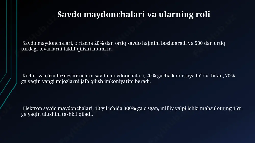 sini 70% gacha oshirdi, bu esa yangi biznes imkoniyatlarini yaratdi va mijozlar uchun qulaylikni ta'minladi. axborot texnologiyalari bozor infratuzilmasining samaradorligini 30% ga oshirishi mumkin, bu esa operatsion xarajatlarni kamaytirish va savdo hajmini 15% ga ko'paytirishga olib keladi. e'tiboringiz uchun rahmat @taqdimot_robot