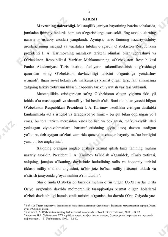 to`la anglash musulmon uyg‘onishi davrida mamlakat salohiyatini saqlab turgan ichki omillarni aniqlashga xizmat qiladi. mavzuning dolzarbligi ana shu jihatlari bilan belgilanadi. zero, o`zbekiston respublikasi prezidenti i. a. karimov ta`kidlaganidek «…tarix millatning haqiqiy tarbiyachisiga aylanib bormoqda. buyuk ajdodlarimizning ishlari va jasorati tarixiy xotiramizni jonlantirib, yangi fuqarolik ongini shakllantirmoqda»4. prezident tarixiy xotira to`g`risida fikrini davom ettirar ekan: «tarixiy xotira tuyg`usi to`laqonli ravishda tiklangan, xalq bosib o`tgan yo`l o`zining barcha muvaffaqiyat va zafarlari, yo`qotish va qurbonlari, quvonch va iztiroblari bilan xolis va haqqoniy o`rganilgan taqdirdagina chinakam tarix bo`ladi,»5 – deya haqli ravishda qayd etgan. mavzuning o`rganilishi darajasi tahlili shuni ko`rsatadiki, o‘rta osiyoning musulmon uyg‘onish davri tarixi bo`yicha bir qator ilmiy izlanishlar olib borilgan. ushbu tadqiqotlarning asosiy qismida e`tibor movarounnahrda uyg‘onish davrining vujudga kelishi jarayonini jahon tarixining umumiy bir qismi sifatida qaralib, unda o‘rta osiyo me’morchiligining vujudga kelishi, an'analari, o‘ziga xos xususiyatlari arxeologik materiallar asosida talqin etiladi. o‘rta osiyoning ix-xii asrlar davri me’morchilik tarixiga …