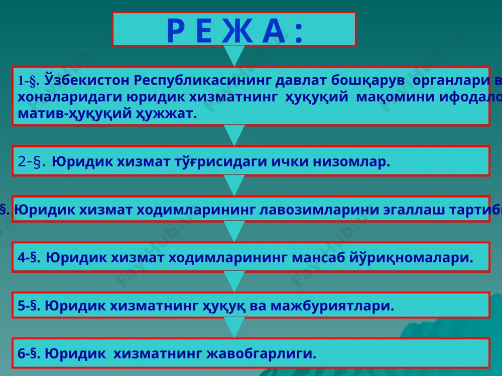 к бўлими тўғрисида»ги ни- зом билан белгилаб қўйилган. ўзбекистон республикаси вазирлар маҳкамасининг 1998 йил 24 апрел- даги “ўзбекистон республикаси пре- зидентининг ”хўжалик юритувчи субъ- ектларнинг иқтисодий ночорлиги ва шартнома мажбуриятларининг бажари- лиши учун мансабдор шахсларнинг жа- вобгарлигини кучайтириш тўғрисида ” ги 1998 йил 4 мартдаги пф-1938-сон фар- монининг бажарилишини таъминлаш чора-тадбирлари ҳақида”ги қарори вилоятлар, тошкент шаҳар ҳамда туман ва шаҳар ҳо- кимликлари юридик хизма- тининг ҳуқуқий мақомини шу ҳокимликлар юридик хизмати фаолиятини тар- тибга солувчи ички низом- ларда ҳамда мансаб йўриқ- номаларида белгилаб қў- йилади. ўзбекистон республикаси президентининг 2005 йил 10 августдаги “тошкент ша- ҳар ҳокимлиги бошқарув ап- парати тузилмасини тасдиқ- лаш тўғрисида”ги қарори ўзбекистон республикаси ва- зирлар маҳкамасининг 2004 йил 5 январдаги “давлат бош- қаруви ҳудудий органлари ту- зилмасини такомиллаштириш тўғрисида”ги қарор вилоятлар, тошкент шаҳар ҳамда туман ва шаҳар ҳокимликлари юридик хизматининг ҳуқуқий мақоми давлат бошқаруви органлари ва корхоналар юридик хизматининг ҳуқуқий мақоми ўзбекистон республикаси- нинг 1998 йил 29 …
