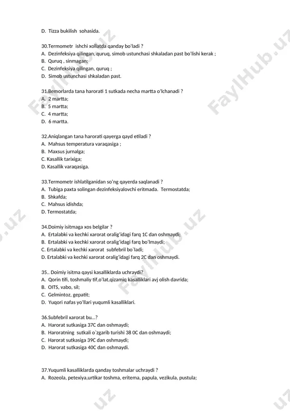 c. gelmintoz, gepatit; d. yuqori nafas yo’llari yuqumli kasalliklari. 36.subfebril xarorat bu…? a. harorat sutkasiga 37c dan oshmaydi; b. haroratning sutkali o`zgarib turishi 38 0c dan oshmaydi; c. harorat sutkasiga 39c dan oshmaydi; d. harorat sutkasiga 40c dan oshmaydi. 37.yuqumli kasalliklarda qanday toshmalar uchraydi ? a. rozeola, petexiya,urtikar toshma, eritema, papula, vezikula, pustula; b. teri toshmalari ; c. yuzaki toshmalar ; d. chuqur toshmalar. 38.yuqumli kasalliklarda qaysi tugunlar ko’proq kattalashadi ? a. limfa tugunlari; b. endokrin bezlar; c. nerv tugunchalari; d. qon tomir to`rlari. 39.brutsellyoz qaysi bo’g’imlarni shikastlaydi? a. yirik bo’g’imlarni; b. mayda bo’gimlarni; c. oyoq- qo`l barmoqlarini; d. umurtqa pag`onasini. 40.yuqumli kasalliklarda yurak qon tomirlarida qanday o’zgarish yuz beradi ? a. yurak tonlari bo’g’iq, ab pasaygan, ps tez yoki past; b. yurak tonlari normada, ab pasaygan, ps tez yoki past; c. yurak tonlari bo’g’iq, ab baland, ps tez yoki past; d. yurak tonlari bo’g’iq, ab pasaygan, ps normada. 41. …