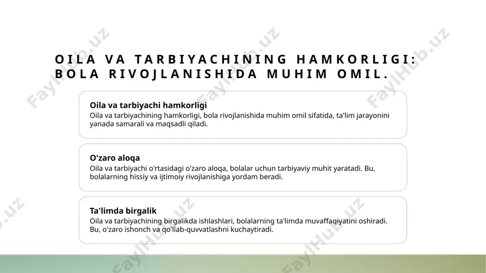 bola oila bola uchun birinchi ta'lim muassasasi hisoblanadi. ota-onalar bolaga qadriyatlar, axloqiy me'yorlar va ijtimoiy ko'nikmalarni o'rgatishda asosiy rol o'ynaydi. hamkorlik mexanizmlari oila, tarbiyachi va bola o'rtasida samarali hamkorlik mexanizmlari, axborot almashinuvi, uchrashuvlar va tadbirlar orqali rivojlanadi. bu bola uchun qulay sharoit yaratadi. ijtimoiy pedagogik faoliyat va oila: asosiy tamoyillar va usullar. ijtimoiy pedagogika asoslari ijtimoiy pedagogika, oila va jamiyat o'rtasidagi aloqalarni mustahkamlash orqali bola rivojlanishini qo'llab-quvvatlaydigan tamoyillarga asoslanadi. oila rolining ahamiyati oila, bolalar uchun ijtimoiy va emosional rivojlanishida muhim rol o'ynaydi, ularning tarbiyasi uchun asosiy muhitni ta'minlaydi va qo'llab-quvvatlaydi. pedagogik usullar ijtimoiy pedagogik faoliyatda oila bilan ishlashda interaktiv mashg'ulotlar, o'yinlar va birgalikda faoliyat yuritish kabi usullar samarali hisoblanadi. oila bilan ishlashda tarbiyachining roli va mas'uliyatlari. tarbiyachining roli mas'uliyat va majburiyat oila bilan aloqalar tarbiyachi, oila bilan yaqin hamkorlikda bolalarning rivojlanishini qo'llab-quvvatlaydi. ular ota-onalar bilan muntazam muloqotda bo'lishi zarur. tarbiyachilar, bolalarning tarbiyasi va ta'limi uchun ota-onalarga maslahat berib, ijtimoiy pedagogik …