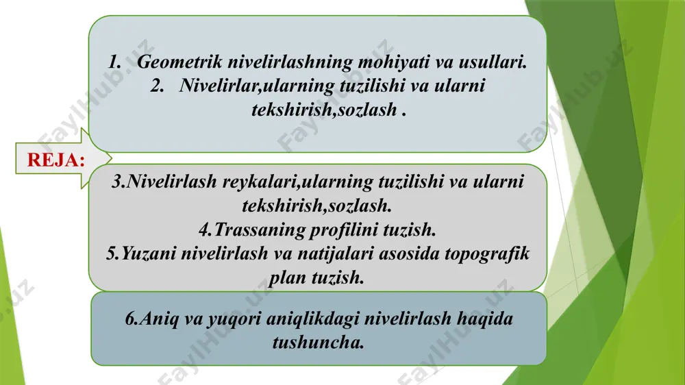 , yoʼl qurilishida va joyning relьefini dastlabki oʼrganishdagina foydalaniladi. gidrostatik nivelirlash. bu usulda joydagi nuqtalarning balandliklardagi farq oʼzaro bogʼliq ikkita idishdagi suyuqlik satxini kuzatish yoʼli bilan aniqlanadi. bu usulda nuqtalarning nisbiy balandligi 1-2 mm aniqlikda topiladi. montaj ishlarida, yirik inshootlarning deformatsiyasini muntazam ravishda kuzatish kerak boʼlganda va boshqa ishlarda gidrostatik nivelirlash qoʼllaniladi. bu usul sodda boʼlib, undan yopiq, tor va qorongʼi joylarda ham foydalanish mumkin. radionivelirlash. bu nivelirlash radiotoʼlqinning samolyotdan yerga, yerdan samolyotga yetib borish vaqtiga qarab samolyotning qanday balandlikda uchayotganini bilish imkoniyatini beradi. samolyotning uchayotgan balandligi radiovыsotomer(radiobalandlikulchagich) degan asbob yordamida 5 m gacha aniqlikda topiladi. keyingi vaqtlarda radionivelirlash turli qidiruv ishlarida xamda turli masshtabda topografik kartalar tuzishda qoʼllanilmoqda. stereofotogrammetrik nivelirlash. bu usulda joyning samolyotdan turib olingan aerosuratlariga qarab maxsus fotogrammetrik asboblar yordamida nuqtalarning balandligi aniqlanadi va relьef gorizontallar bilan chiziladi. bu xildagi nivelirlash ishlarining asosiy qismi korxonada bajarilganligidan vaqt va mablagʼ ancha tejaladi. stereofotogrammetrik nivelirlash turli masshtabdagi topografik kartalar …