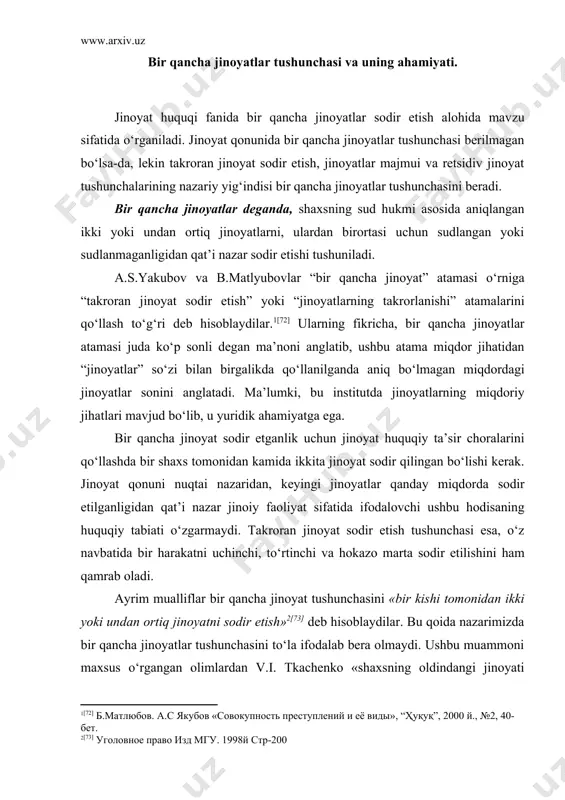 atlar tushunchasini to‘la ifodalab bera olmaydi. ushbu muammoni maxsus o‘rgangan olimlardan v.i. tkachenko «shaxsning oldindangi jinoyati uchun sudlangan yoki sudlanmaganligidan qat’i nazar, sud hukmi bilan aniqlangan ikki yoki undan ortiq jinoyatni sodir etishi, bir qancha jinoyatni sodir etish deb topiladi» [74] degan fikrni bildiradi. fikrimizcha yuqoridagi olimlar ko‘proq qilmishlarning miqdor ko‘rsatkichiga e’tibor berishgan. bu borada bir qancha jinoyatlar tushunchasini v.p. malkov ancha keng talqin qiladi. uning fikriga ko‘ra, «bir qancha jinoyatlar deb shaxsning jinoiy javobgarlikka tortilguncha, bir vaqtda yoki ketma-ket, ikki yoki undan ortiq jinoyat sodir etganligi yoxud oldindangi jinoyati uchun hukm etilganidan keyin yangitdan jinoyat sodir etishi va ikkita jinoyat o‘rtasida jinoyat huquqiy muddatlar o‘tib ketmagan bo‘lsa, shuningdek, jinoyat ishi qo‘zg’atish uchun boshqa to‘siqlar bo‘lmasa, bir qancha jinoyat sodir etish deb topiladi» [75] k.a.panko esa bu tushunchaga qo‘shilgan holda ayrim aniqliklar kiritish lozim deb hisoblaydi. chunki bu tushuncha jinoyat kodeksi maxsus qism moddasida nazarda tutilgan bitta jinoyat hisoblanadigan bir …