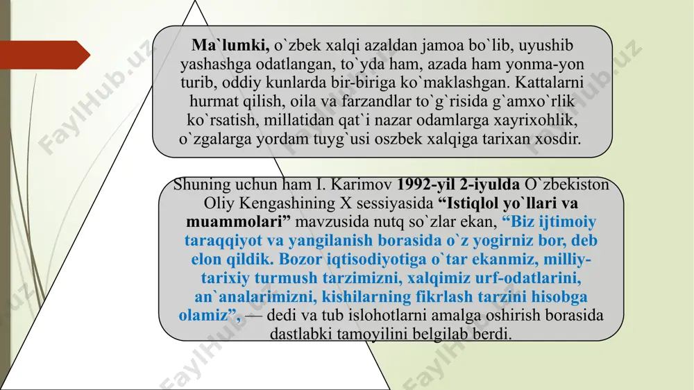 mda iqtisodiy erkinlikka tayangan va raqobat vositasida boshqarilib turuvchi demokratik iqtisodiyot. bozor iqtisodiyotiga oʻtish — anʼanaviy va rejali buyruqbozlik tuzumidagi iqtisodiy munosabatlardan bozor munosabatlariga oʻtish jarayoni. bu jarayon iqtisodiy zarurat, chunki anʼanaviy yoki rejali buyruqbozlik tizimlari barqaror iqtisodiy taraqqiyotni va xalq farovonligini taʼminlay olmay qoladi hamda bozor iqtisodiyotiga oʻtish orqali iqtisodiy ravnaqqa erishish yoʻli tanlanadi. bozor iqtisodiyoti da har bir kishi oʻz manfaatidan kelib chiqqan holda, qoʻlidan kelgan ishni qilib, ishlab topganini oʻzi oladi. nimani, qancha ishlab chiqarish, uni qayerda va necha puldan sotilishini bozorda talab belgilaydi. o`zbekiston mustaqilligining dastlabki kunidanoq, “jahon va o`zimizning amaliyotimizdan olingan barcha unumli tajribani rad etmagan holda o`z ijtimoiy-iqtisodiy va siyosiy-huquqiy taraqqiyot yo`lini tanlab olishga kirishdi”. albatta, mamlakat hayot-mamot bosqichida turgan bir paytda uning yangi jamiyatga o`tishi bilan bog`liq vazifalarni bajarish davlat rahbaridan yangi sharoitga mos boshqaruv tizimini ishlab chiqishni, jamiyatning iqtisodiy asosini vujudga keltirishni taqozo qilardi. aholining barcha toifalarini yagona maqsad atrofida birlashtiruvchi g`oyalar …