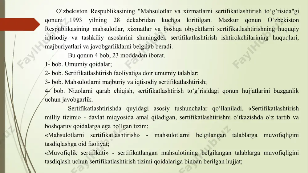 uruhdagi mahsulotlarni sertifikatlashtirish» - ayni bir xil standartlar va qoidalar qo‘llaniladigan muayyan mahsulotlar, ishlar yoki xizmatlarga taalluqli sertifikatlashtirish tizimi; «sinov laboratoriyalarini akkreditatsiya qilish» - sinov labaratoriyalarning muayyan mahsulot sinovini yoki muayyan sinov turini amalga oshirishga doir vakolatlarning rasmiy e’tirofi; sertifikatlashtirish quyidagi maqsadlarda amalga oshiriladi: - odamlarning hayoti, sog‘ligi, yuridik va jismoniy shaxslarning mol - mulki hamda atrof muhit uchun xavfli bo‘lgan mahsulotlar realizatsiya qilinishini nazorat etib borish; - mahsulotlarning jahon bozorida raqobat qila olishini ta’minlash; - mamlakat korxonalari, qo‘shma korxonalar va tadbirkorlar xalqaro miqyosida iqtisodiy, ilmiy-texnikaviy hamkorlikda va xalqaro savdo-sotiqda ishtirok etish uchun sharoit yaratish; - iste’molchini tayyorlovchining vijdonsizligidan himoya qilish; - mahsulot tayyorlovchining sifat ko‘rsatgichlarini tasdiqlash. sertifikatlashtirish sertifikatsiya organlari va akkreditlangan sinov laboratoriyalarining ekspert auditorlari amalga oshiradi. o‘zbekiston respublikasi vazirlar mahkamasi «o‘zstandart» agentligi taqdim etgan ro‘yxatga binoan mahsulot va xizmatlarning majburiy sertifikatlashtirish turlarini tasdiqlaydi. sertifikatlashtirish majburiy va ixtiyoriy bo‘ladi. yo‘l qurilishi sohasidagi majburiy sertifikatlashtirish ro‘yxatiga qum, chaqiq tosh, ma’dan …