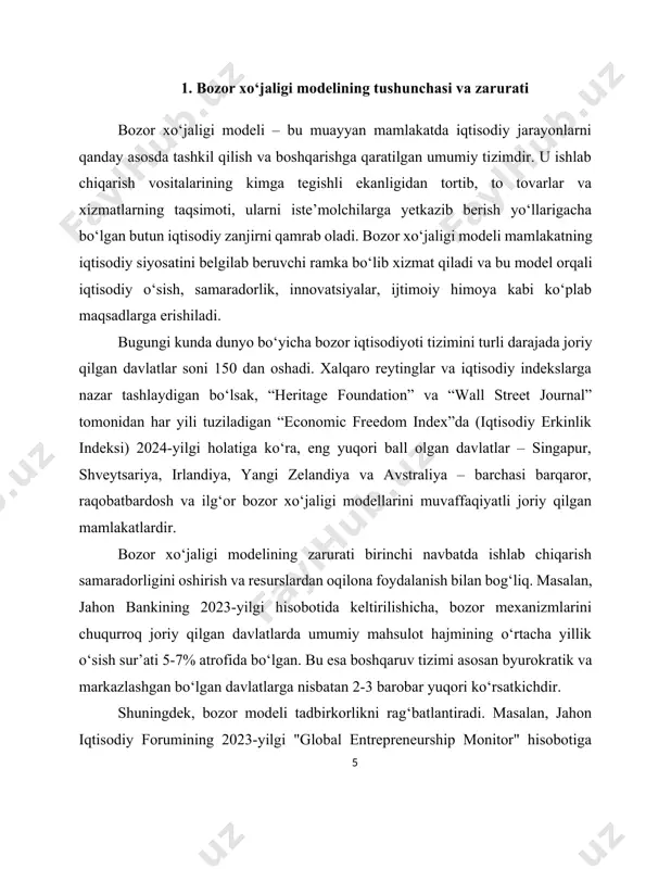 igi modelini shakllantirgan. yevropada sotsial yo‘naltirilgan bozor modeli ustuvor bo‘lsa, aqshda individual tashabbus, raqobat va innovatsiyalarga asoslangan liberal model yetakchilik qiladi. xitoyda esa “bozor ichidagi davlat” modeli orqali iqtisodiy o‘sish ta’minlanmoqda, bu yerda markazlashgan rejalashtirish va xususiy sektor uyg‘unlashtirilgan. xulosa qilib aytganda, zamonaviy bozor xo‘jaligi modeli – bu har bir xalqning o‘z yo‘lini topishga intilishidir. har bir mamlakat o‘zining ijtimoiy-iqtisodiy sharoitlarini tahlil qilgan holda, bozor tamoyillariga asoslangan, lekin o‘ziga xos milliy modelni yaratishga intiladi. bu model qanchalik ilmiy asoslangan va zamon talablariga mos bo‘lsa, uning orqali erishiladigan natijalar ham shunchalik barqaror va uzoq muddatli bo‘ladi. .[footnoteref:3] [3: asaul a.n. “ekonomicheskaya teoriya: natsionalnie modeli razvitiya”. – spb.: piter, 2021. ] 2. zamonaviy bozor xo‘jaligi modellari va ularning asosiy turlari zamonaviy iqtisodiy taraqqiyot sharoitida hech bir mamlakat yagona, universal bozor xo‘jaligi modeliga asoslanmaydi. har bir davlat o‘zining tarixiy rivojlanish bosqichlari, siyosiy tuzumi, ijtimoiy-iqtisodiy muammolari, aholining madaniy qadriyatlari va tashqi iqtisodiy aloqalarini inobatga …