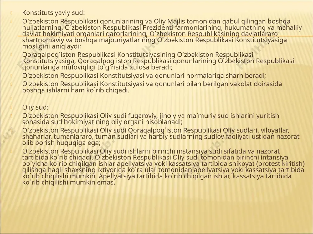 haroitda muhokama qiladilar. o`zbekiston respublikasi konstitutsiyasining 112-moddasida belgilanganidek, sudyalar mustaqildirlar, ular faqat qonunga bo`ysunadilar. sudyalarning odil sudlovni amalga oshirish borasidagi faoliyatiga biron bir tarzda aralashishga yo`l qo`yilmaydi va bunday aralashish qonunga muvofiq javobgarlikka sabab bo`ladi. davlat idoralari xodimlari, istalgan maqomdagi mansabdor shaxslar va fuqarolar konkret ishlarni qanday hal etish to`g`risida sudga ko`rsatma berishga haqli emasdirlar. daxlsizlik prinsipi sudyaning ruxsatisiz uning xizmat xonasiga, uyiga kirishga, xat-xabarlariga ko`z yugurtirishga, narsalari va hujjatlarini ko`zdan kechirishga haqli emaslikni anglatadi. o`zbekiston respublikasining 25 yoshdan kichik bo`lmagan, oliy yuridik ma`lumotga, kamida 2 yillik yuridik mutaxassislik bo`yicha ish stajiga ega bo`lgan va malaka imtihonini topshirgan fuqarosi sudya etib tayinlanishi mumkin. o`zbekiston respublikasining ofitser unvoniga ega bo`lgan, haqiqiy harbiy xizmatni o`tayotgan fuqarosi harbiy sudning sudyasi bo`la oladi. o`zbekiston respublikasi konstitutsiyasiga muvofiq sudyalar deputat etib saylana olmaydilar, siyosiy partiyalar va harakatlarga mansub bo`la olmaydilar, shuningdek, sudya vazifalarini boshqa bir haq to`lanadigan ish bilan qo`shib olib borishga haqli emasdirlar. sudya …