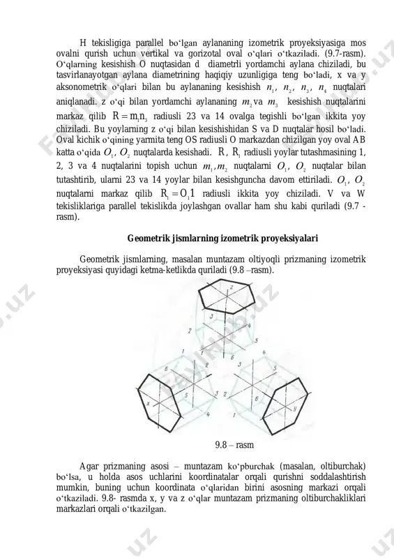 a, b, c, d, e piramida asosi uchlarining izometrik proyeksiya- larini quramiz. masalan, a nuqtaning izometrik proyeksiyasi quyidagicha quriladi. belgilangan o nuqtadan x о„qi bо„ylab /dax a  koordinatani о„lchab qо„yyamiz. uning oxiridan y о„qiga parallel tо„g„ri chiziq о„tkazib, unga nuqtaning ikkinchi /day a  kordinatasini о„lchab qо„yyamiz. qolgan nuqtalarning izometrik proyeksiyalari ham shu kabi quriladi. sо„ngra koordinatalar bо„yicha piramida balandligi qurilib s nuqta – piramidaning chо„qqisi hosil qilinadi. s nuqtani a, b, c, d, e nuqtalar bilan tutashtirsak piramidaning izometrik proyeksiyasi hosil bо„ladi. berilgan kompleks chizmasi bо„yicha detalning izometrik proyeksiyasini qurish ketma-ketligi 9.11 – rasmda kо„rsatilgan. detal xayolan oddiy geometrik elementlarga ajratiladi, mazkur holatda prizmasimon elementlarga ajratish mumkin (9.11–rasm,b). aylanalarning markazi topiladi (9.11 – rasm, v). sо„ngra qurish chiziqlari olib tashlanib, tasvir konturi asosiy chiziq bilan qalinlashtiriladi (9.11 – rasm, g). 9.10 – rasm. 9.11 – rasm predmetning ichki shakli kо„rinishi uchun detalning chorak qismi kesiladi. aksonometrik proyeksiyalarda qirqim …