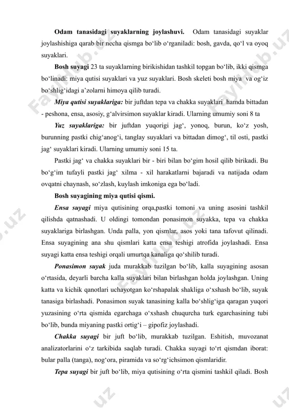 . ponasimon suyak tanasining kalla bo‘shlig‘iga qaragan yuqori yuzasining o‘rta qismida egarchaga o‘xshash chuqurcha turk egarchasining tubi bo‘lib, bunda miyaning pastki ortig‘i – gipofiz joylashadi. chakka suyagi bir juft bo‘lib, murakkab tuzilgan. eshitish, muvozanat analizatorlarini o‘z tarkibida saqlab turadi. chakka suyagi to‘rt qismdan iborat: bular palla (tanga), nog‘ora, piramida va so‘rg‘ichsimon qismlaridir. tepa suyagi bir juft bo‘lib, miya qutisining o‘rta qismini tashkil qiladi. bosh miya takomillashgan sari tepa suyak ham rivojlanadi. bu suyak miya qutisining asosiy qismini egallaydi, bosh miyani mexanik shikastlanishlardan saqlaydi. tepa suyak miya qutisining boshqa suyaklariga nisbatan to‘rt qirrali va to‘rt burchakli, sirti gumbazsimon bo‘rtib chiqqan plastinka shaklida tuzilgan. uning oldingi qismi peshona suyagi pallasiga birlashadi, yuqori qismi ikkinchi tomondagi tepa suyagining xuddi shunday qismiga o‘rta chiziqda birlashadi. peshona suyagi bitta bo‘lib, miya qutisining oldingi qismini tashkil qiladi va vertikal joylashgan palla qismi hamda gorizontal bo‘lakka ajratiladi. gorizontal bo‘lak bir juft ko‘z kosasi va burun bo‘lagi qismlaridan …