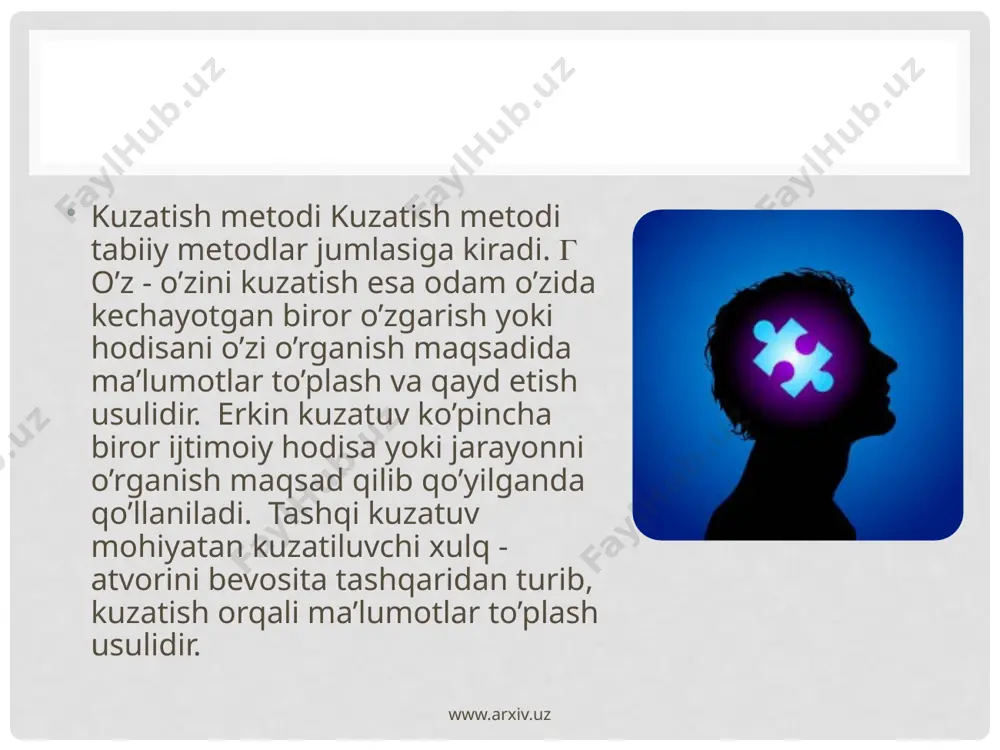 osabatlari tizimiga aloqador kategoriyalar bo’lib, bozor va raqobat sharoitida korxona yoki tashkilotlarning samarali ishlab ketishi eng avvalo haridorgir tovar mahsulotlarni ajratib, ularning odamlar talab - ehtiyojiga kanchalik mosligini aniq tahlil qilishdan boshlanadi. www.arxiv.uz test metodi testlar oxirgi paytda hayotimizga dadil kirib kelgan tekshiruv usullari sirasiga kiradi. ular yordamida biror o’rganilayotgan hodisa xususida ham sifat, ham mikdor xarakteristiqalarini olish, ularni ko’pchilikda qayta - qayta sinash va ma’lumotlarni korrelyasion analiz orqali ishonchlilikka tekshirish mumkin bo’ladi. ayni testga qo’yilgan talab hyech qachon o’zgarmaydi, hattoki, shunday testlar borki, ular turli millat va elat vakillarida, turli davrlarda ham o’zgarmagan xolda ishlatilaveradi. masalan, ravenning aqliy intellektni ulchash, kettelning va ayzenkning shaxs testlari shular jumlasidandir.  test - so’rov oldindan qat’iy tarzda qabul qilingan savollarga beriladigan javoblarni taqozo etadi www.arxiv.uz eksperiment metodi - ko’pincha odamlar psixikasini chuqurroq, aniqroq tadqiq qilish metodlari ichida eng muhimi hisoblanadi. eksperiment metodi yordamida sun’iy tushunchalarni shakllantirish, nutq o’sishini tekshirish, favquloddagi holatdan chiqish, …