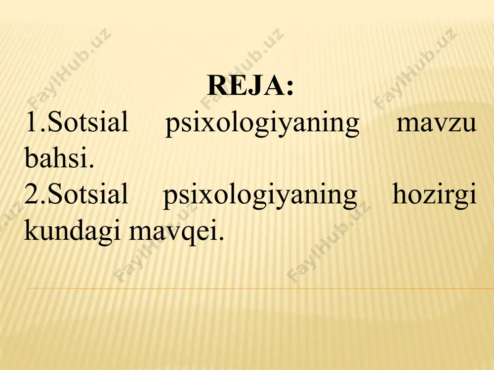 rov g’.b., shoumarov sh.b. muhabbat va oila. –t., 1994 yil. shoumarov g’.b. oila psixologiyasi. –t., 2000 yil. g’oziyev e. psixologiya. (yosh davrlari psixologiyasi).-t., 1992 yil. g’oziyev e. psixologiya muammolari. – t.: o’qituvchi, 1996 yil. karimova v. salomatlik psixologiyasi yoxud salomat bo’lish uchun ruhiyatni boshqarish sirlari. – t.: yangi asr avlodi, 2005. – 72 bet deyl karnegi. o’z-o’ziga ishonch hosil qilish va omma oldida so’zlash san’ati. – t.: yangi asr avlodi, 2010. – 224 bet hayot kitobi: yoshlar uchun ensiklopedik qo’llanma. – t.: sharq, 2011, – 272 bet internet va ziyonet saytlari www.ziyonet.uz www.google.uz www.referat.uz www.koob.ru. www.psychology.ru. www.flogiston.ru. 4 1. sotsial psixologiyaning mavzu bahsi insoniyat jamiyati paydo bo’lib, odamlar hamkorlikda mehnat qilish va yashash ehtiyojini sezgan davrdan boshlab ularda sotsial psixologik tafakkur, sotsial ruh paydo bo’lgan. insoniyatning eng ilg’or vakillari bunday ruh qonuniyatlarini o’rganish, uning sirli tomonlarini sharxlashga urinib kelganlar. lekin sotsial ruh qanchalik qadimiy bo’lsa, uning sirlarini o’rganuvchi fani sotsial …