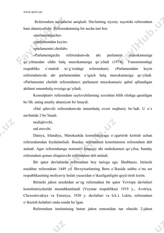 govina, estoniya, latviya, litva, makedoniya, moldova, polsha, rossiya federatsiyasi, ruminiya, serbiya, slovakiya, sloveniya, vengriya, ukraina, xorvatiya va chernogoriya davlatlarida o`tkazildi. hozirgi kunda referendum 20 dan ortiq davlatlarning konstitutsiyalarida belgilab qo`yilgan. shularning 13 tasida o`tkazilganda hali bu ularning asosiy qonunlarida belgilanmagan edi. referendumni hokimiyatni amalga oshirishda benuqson usul deb hisoblash kerak emas. turli vaqtlarda undan halq suverenitetini bevosita amalga oshirish shakli sifatida, shu bilan birga halq manfaatlariga zid ravishda foydalanishgan. masalan, 1933, 1934, 1939 yillardagi germaniya referendumlari, 1947 yil ispaniyadagi referendum, 1978, 1980, 1998 yillar chilidagi referendumlar va h.k. jamiyat va davlat hayotidagi qiyin muammolarni hal qilish bo`yicha o`tkaziladigan referendumlar hamma vaqt ham kutilgan natijaga olib kelmagan. ba`zan uning natijalari ijtimoiy g`alayonlarga yoki uning haqiqiyligini tan olmaslikka olib kelgan. (masalan, 1994 yilgi albaniya va 1999 yilga moldaviyada bo`lib o`tgan referendumlar). konstitutsiyaviy tartibga solish kompleks harakterga ega bo`lsa ham, qonun ishlab chiqish va qabul qilish jarayonida bir qator muammoli masalalar yuzaga keladi. …