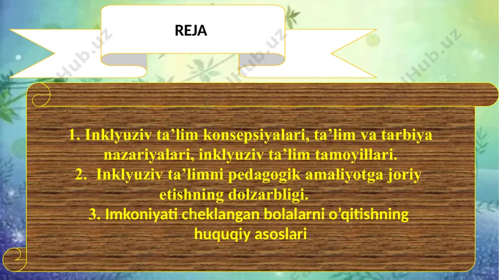 ruhiy rivojlanishida nuqsoni bo‘lgan bolalar uchun jami 86 ta ixtisoslashtirilgan maktab va maktab-internatlarda (keyingi o‘rinlarda — ixtisoslashtirilgan ta’lim muassasalari 21 ta sanatoriy turidagi maktab-internatlarda 6,1 ming nafar o‘quvchilar ta’lim-tarbiya oladi. shuningdek, uzoq muddat davolanishga muhtoj bo‘lgan 13,3 ming nafar o‘quvchilar uyda yakka tartibda o‘qitiladi. 3-bob. inklyuziv ta’lim tizimini rivojlantirishning maqsadlari va ustuvor yo‘nalishlari inklyuziv ta’lim tizimini rivojlantirishning maqsadi — ta’lim olish uchun teng imkoniyatni ta’minlash va barcha bolalarning individual xususiyatlaridan, oldingi ta’lim yutuqlaridan, tili, madaniyati, ota-onalarning ijtimoiy va iqtisodiy holatidan qat’iy nazar ta’limda muvaffaqiyatga erishishi uchun zarur shart-sharoitlarni yaratishdir. inklyuziv ta’lim tizimini rivojlantirishning ustuvor yo‘nalishlari quyidagilardir: a) inklyuziv ta’lim tizimi uchun pedagog kadrlarni tayyorlash, qayta tayyorlash va malakasini oshirish: pedagogika yo‘nalishidagi oliy ta’lim muassasalarida inklyuziv ta’lim dasturlarini joriy etish, inklyuziv ta’lim metodikasiga oid o‘quv materiallarini takomillashtirish; b) inklyuziv ta’limda o‘qitish usullarini takomillashtirish, mazkur jarayonga individuallashtirish tamoyillarini bosqichma-bosqich tatbiq etish: alohida ta’lim ehtiyojlari bo‘lgan har bir bolaning inklyuziv ta’lim olishiga bo‘lgan …