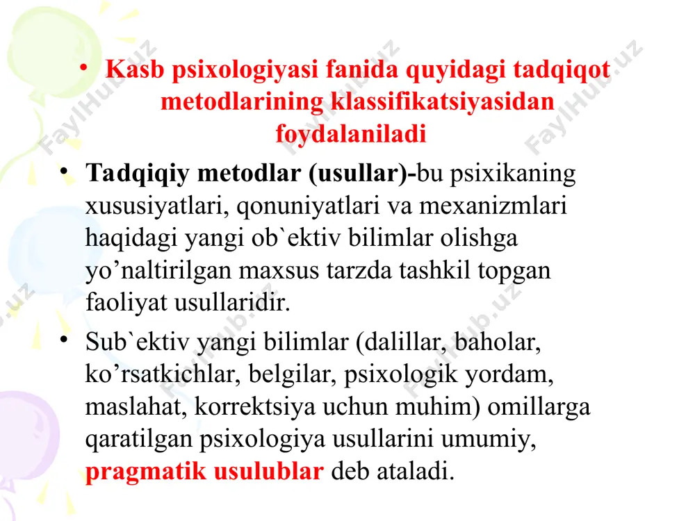 ari, ya`ni tashkiliy metodlar. 2.dalillar to’plash, ilmiy ma`lumotlar olishga qaratilgan empirik metodlar(usullar). 3. ma`lumotlarni qayta ishlash usullari 4. interpretatsion metodlar(usullar). boshqa bir qator psixolog-olimlar psixologiyasining quyidagi usullarini ajratishadi: sub`ektiv metodlar (o’z- o’zini kuzatish); ob`ektiv metodlar (kuzatishning xar xil turlari; eksperimental, testlar, savol-javob, so’rovnomalar). кasb psixologiyasi oldida quyidagi tadqiqiy masalalar turibdi: 1. guruhi – shaxsning kasbiy shakllanishi bu murakkab, ba`zida esa dramatik jarayonning psixologik xususiyatlarini tasvirlashdan iborat. bu jarayonni tadqiq etish uchun longityud, savol-javob, psixobiografiya, tanqidiy voqealar metodlarini qo’llash to’g`ri bo’ladi. bu metodlar guruhini genetik metodlarga kiritishi mumkin. 2 guruhi – kasblarning psixologik tavsifi, kasbning psixologik mazmunini tadqiq etish, faoliyat mahsuldorligini o’rganish, mehnat metodi, hujjatlarni o’rganish, kuzatilayotganlarni savol-javob orqali o’rganish metodi, shuningdek, professiografiya yo’li bilan amalga oshirilishi 3. guruhi – muhim kasbiy ko’rsatkich faoliyat va shaxs belgilarini o’lchash. bu tadqiqiy masalani hal qilish uchun maxsus qobiliyat testlari, muvaffaqiyat va ta`lim testlari qo’llaniladi. bu psixometrik usullar guruhidir. 4. guruhi – kasbiy shakllanishning …