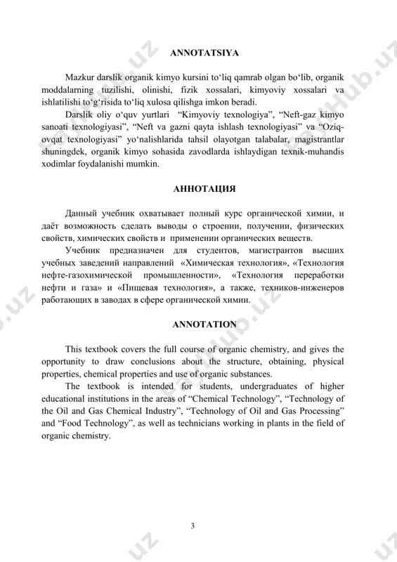 kimyoning nazariy asoslari qisqacha bayon qilindi. kitobning keyingi boblarida esa organik birikmalar asosiy sinflarining nomlanishi, izomeriyasi, olinish usullari, xossalari, reaksiyalari, organik birikmalarning muhim vakillari va ularning ishlatilishiga oid materiallar keltirildi. darslikni yozishda o‘zbekiston respublikasi, rossiya va chet ellarda nashr qilingan o‘quv adabiyotlari (kitob oxiridagi foydalanilgan adabiyotlar ro‘yxatiga qarang) materiallaridan ijodiy foydalanildi. darslik qo‘lyozmаsini diqqat bilаn o‘qib chiqib, undagi xato va kamchiliklarni ko‘rsatib, qimmatli maslahatlar berganliklari uchun taqrizchilarga samimiy minnatdorchilik bildiramiz. organik kimyo jadal sur’atlar bilan rivojlanayotganligi uchun, yaratilayotgan eng yangi va zamonaviy darsliklar ham bu fanning hozirgi taraqqiyot darajasini qamrab ololmayapti. tabiiyki, qo‘lingizdagi ushbu kitob ham bundan mustasno emas. shuning uchun kitobni mukammallashtirish borasidagi fikr-mulohаzаlаr mamnuniyat bilan qabul qilinаdi. muаlliflar. 5 1-bob. оrganik kimyo tarixi va rivojlanishi 1.1. оrganik kimyo fani va uning qisqacha rivоjlanish tarixi оrganik kimyo – organik moddalar va ular bo‘ysunadigan qonuniyatlar haqidagi fandir. shuningdek, organik kimyo - оrganik mоddalarning nоmlanishi, izоmеriyasi, оlinish usullari, tuzilishi, fizikaviy, kimyoviy …