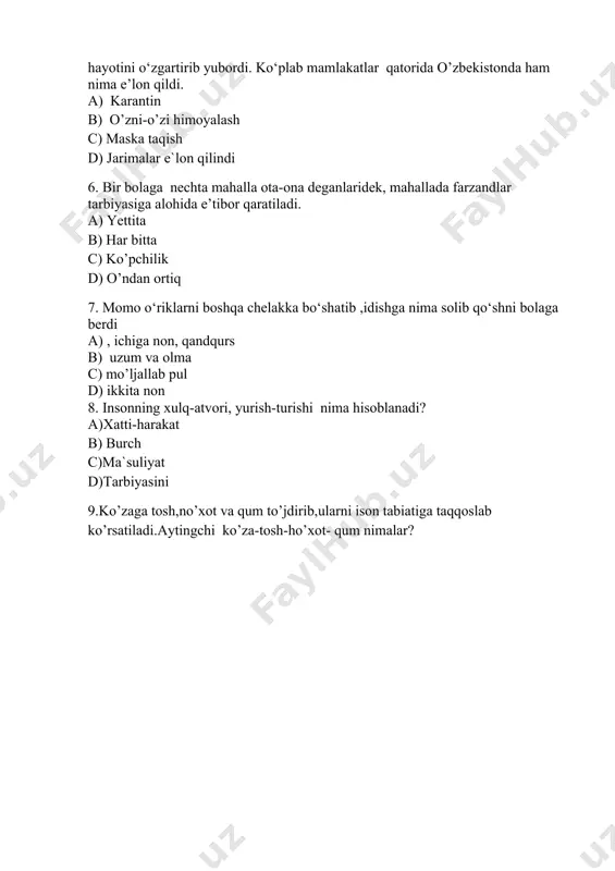 on kitob, gazeta va jurnallar c) axborotni saqlash, qayta ishlash va uzatish uchun xizmat qiluvchi vositalar d) to’g’ri javob berilmagan 5. smartfon va planshetlar bugungi kunda barcha insonlar foydalanadigan asosiy qurilmaga aylandi.uning zarar keltirmaydigan jihatini ko’rsating. a) surat yuborish mumkin... so‘zlashish mumkin b)doimiy to‘lovlarni amalga oshi rish... c) sog‘lig‘imizga d) bog‘lanib qolish, qaramlik 6. abu ali ibn sino vafotidan oldin o‘zining shogirdlarini chaqirib, ularga o‘z vasiyatini qoldirayotganda beshta narsani aytgan ekan.ular nimalar deb hisoblaysiz? a) ozodalik, badantarbiya,parxez,mijoz va kayfiyat. b) qatiq,badantarbiya,parxez,mijoz,kulgu c)bilim, badantarbiya,parxez,mijoz,kulgu d) badantarbiya,parxez,mijoz,kulgu va boylik 7. “chunki o‘qimoq, o‘qitmoq, o‘rganmoq, o‘rgatmoq uchun insonga qanday tana lozimdir” drgan abdulla avloniy a) kuchli b) sog’lom c) baquvvat d) bekamiko’st 8. “uning qad-qomati kelishgan, baland bo‘yli, tik qomatli, keng peshanali,bag‘oyat kuchli, salobatli, yuzi oq-qizildan kelgan, lekin bironta dog‘i yo‘q, bug‘doyrang emas, qo‘l-oyoqlari baquvvat, yelkalari keng, barmoqlari yo‘g‘on, boldir va poychalari semiz, sersoqol, ikki ko‘zi bamisoli sham bo‘lsada,shodligi bilinmas” tarixchi ibn arabshox …