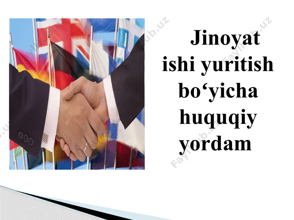 ʻrovni oʻzbekiston respublikasi hududida ijro etish va boshqalar. oʻzbekiston respublikasi bosh prokuraturasi xorijiy davlatning vakolatli organiga xorijiy davlat hududida boʻlgan shaxsni jinoiy javobgarlikka tortish yoki hukmni ijro etish uchun ushlab berish toʻgʻrisida soʻrov yuborishi mumkin. oʻzbekiston respublikasiga xorijiy davlat tomonidan ushlab berilgan shaxs oʻzi ushlab berilguniga qadar sodir etgan va ushlab berilishiga sabab boʻlmagan jinoyati uchun uni ushlab bergan davlatning roziligisiz jinoiy javobgarlikka tortilishi, jazolanishi, shuningdek uchinchi bir davlatga topshirilishi mumkin emas. xorijiy davlat vakolatli organining uchinchi davlat tomonidan mazkur organga ushlab berilgan shaxsni oʻzbekiston respublikasi hududi orqali tranzit tarzida oʻtkazish toʻgʻrisidagi iltimosnomasi jpkning 601 va 603-moddalari talablariga rioya etilgan holda koʻrib chiqiladi. oʻzbekiston respublikasining xalqaro shartnomasi – respublikaning bir yoki bir necha davlat, xalqaro tashkilot yoxud xalqaro huquqning boshqa subyektlari bilan xalqaro munosabatlar sohasidagi huquq va majburiyatlariga doir teng huquqli va ixtiyoriy kelishuvidir. “oʻzbekiston respublikasining xalqaro shartnomalari toʻgʻrisida”gi qonunining 3-moddasi image1.jpeg image2.jpeg image3.jpeg image4.jpeg image5.jpeg image6.jpeg image7.jpeg image8.jpeg image9.jpeg …