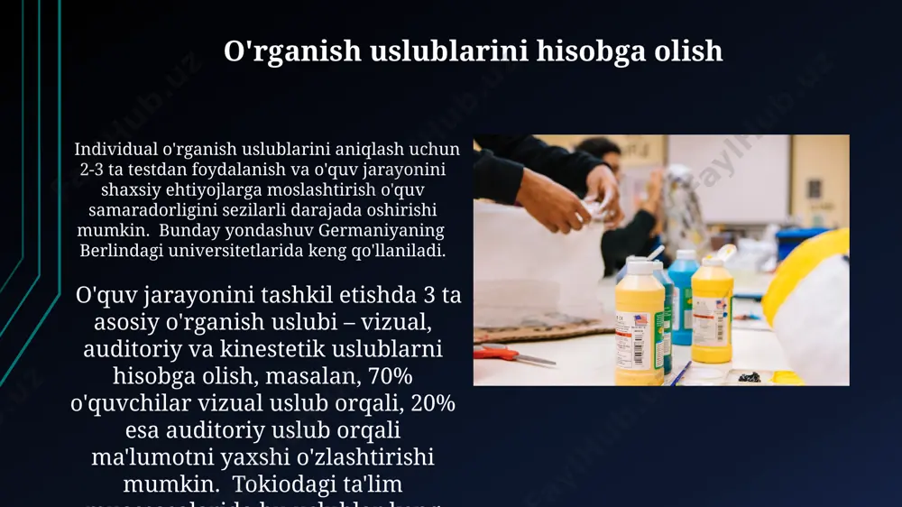 tirishda, namangan shahridagi 100 ta o'quvchi uchun qurilgan yangi kutubxonada 5000 dan ortiq kitob va 3 ta elektron resurslar bazasi mavjud bo'lishi, o'quvchilarning bilish chanqog'ini qondirishga yordam beradi. hamkorlik va jamoa ishi toshkentdagi 10 ta maktabda o'tkazilgan eksperimentda, jamoaviy loyihalar ustida ishlash natijasida o'quvchilarning 30% i faol ishtirokchi bo'lib, 15% o'zlarini qulay his qildilar. samarqanddagi 5-sinf o'quvchilarining 80%i guruhlarda ishlash orqali matematik muammolarni 20% tezroq yechishini tadqiqotlar ko'rsatdi. bu hamkorlikning samaradorligini tasdiqlaydi. muammoni hal qilish va tanqidiy fikrlash ko'nikmalarini rivojlantirish 7 ta turli muammo (matematik, ijtimoiy, ekologik) yechishga yo‘naltirilgan loyihalar, o‘quvchilarning andijondagi ta’lim muassasalarida muammo hal qilish va tanqidiy fikrlash ko‘nikmalarini amaliy qo‘llashini ta’minlaydi. o‘quv jarayonida "fikrlash xatolari" (masalan, tasdiqlash tarafkashligi) haqida bilimlarni berish va 3 ta real hayotdagi misol orqali (masalan, toshkentdagi transport muammolari) ularni tahlil qilish, tanqidiy fikrlashni rivojlantiradi. texnologiyalardan samarali foydalanish onlayn kutubxonalardan, masalan, "khan academy" dan foydalanish va 10 dan ortiq elektron resurslar bilan ishlash, andijon …