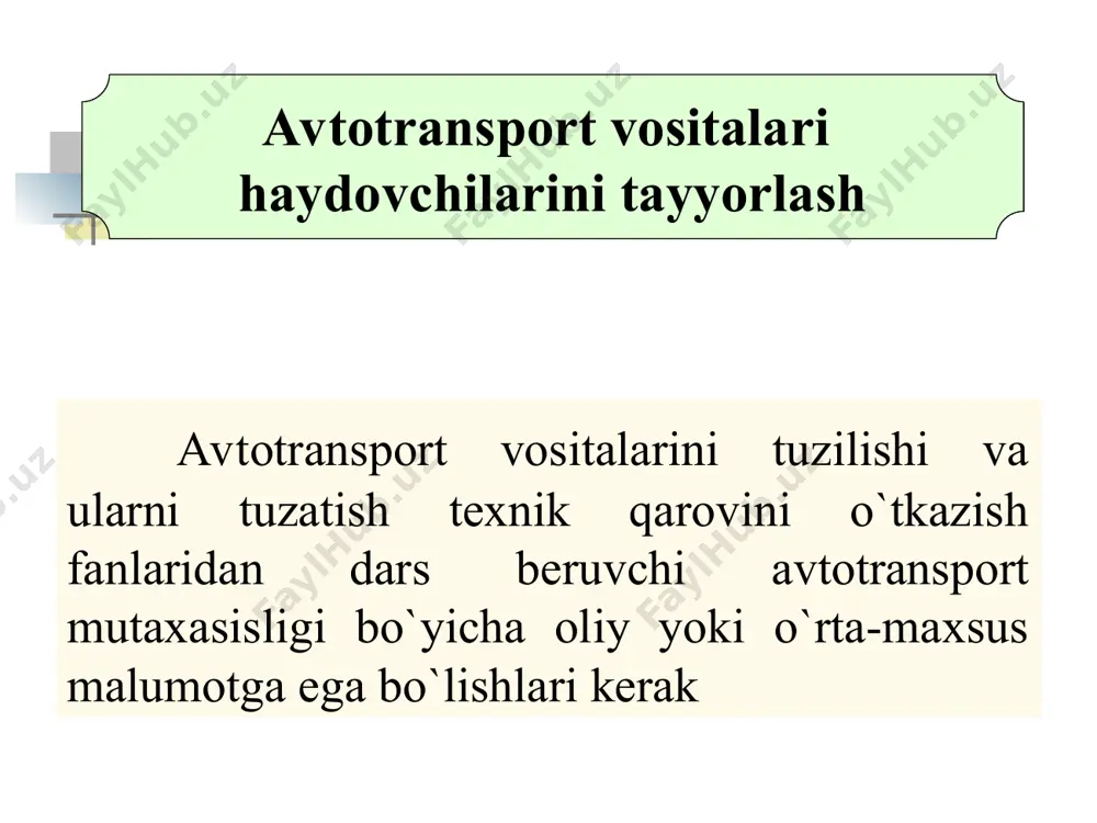 tgan yukning vazni transport vositasini ishlab chiqargan korxona belgilagan miqdordan oshmasligi kerak; transport vositasiga yuk mustaxkam joylanishi kerakki, u xavfsiz harakatlanishga halaqit bermasin; yuk avtomobilining gabaritlaridan oldi yoki orqa tomonidan 1 m yoki enining chekka nuxtalaridan 0,4 m dan oshmasligi kerak; agar transport vositasining yuk bilan gabarit balandligi 4 m, eniga 2,5 m va bortdan orqaga 2 m dan ortiq chiqib turgan hollarda dyhxx dan ruhsatnoma olinishi shart. velosiped va aravalarning harakatlanishi velosipedni boshqarish 14 yoshga to’lganlar uchun ruhsat etiladi velosipedning tormozi soz va tovush bergich moslamasi bo’lishi kerak. qorong’i vaqtlarda yo’l bo’ylab harakatlanayotganda velosipedning old tomoniga oq rang, orqa tomoniga qizil rang chiroqcha yoki qizil rangli nur qaytargich o’rnatilishi kerak ot-aravada orqaga tisarilib ketishiga yo’l qo’ymaydigan tirgaklar va uni to’xtatib turadigan moslama bo’lishi kerak. qorong’i vaqtda harakatlanayotgan ot-aravaning old va orqa tomonlariga nur qaytargich o’rnatilishi kerak; ot-arava yo’lning qatnov qismida bir qator bo’lib yo’lning o’ng chekasidan ko’pi bilan 1 …
