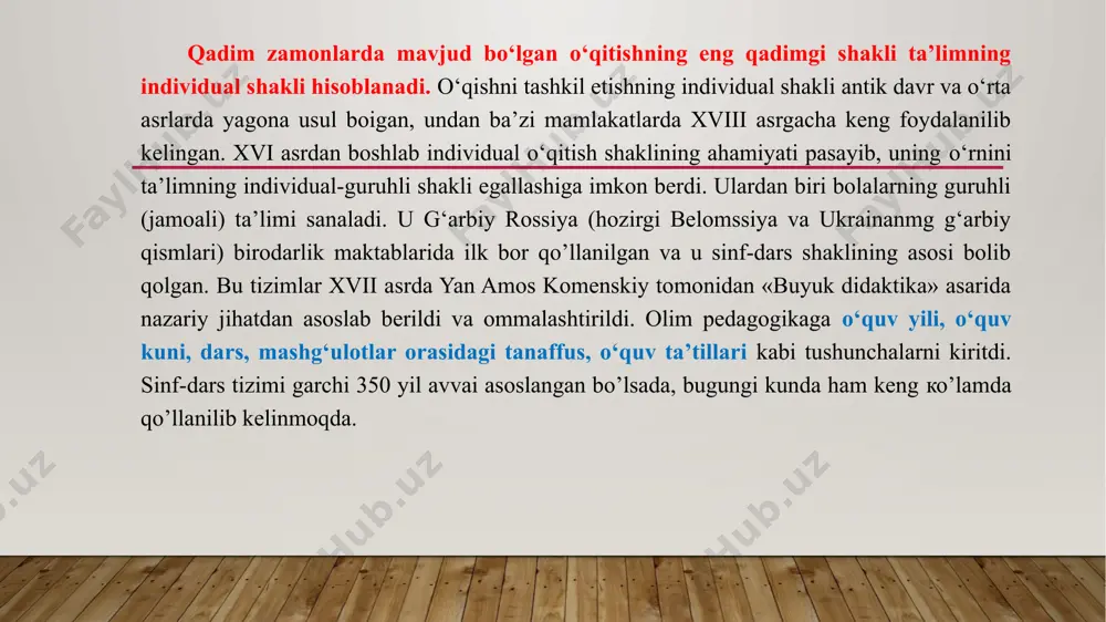 shkiliy qism; b) nazariy materiallami mustahkamlash; v) laboratoriya ishini o‘tkazish; g) о‘quvchilami baholash; d) uy vazifasi. amaliy darslarning tuzilishi: a) tashkiliy qism; b) nazariy materiallami mustahkamlash; v) amaliy ish topshiriqlarini bajarish; g) о‘quvchilami baholash; d) uy vazifasi. 3. darsga qo‘yiladigan talablar. har bir dars quyidagi uchta asosiy vazifani hal etishga yo‘naltiriladi: o‘qitish, tarbiyalash, rivojlantirish. ana shuni hisobga olib darsga didaktik, tarbiyaviy va rivojlantiruvchi talablar qo‘yiladi. didaktik (yoki ta’limiy) talablarga har bir darsning ta’lim vazifalarini aniq belgilash, darsni axborotlar bilan boyitish, ijtimoiy va shaxsiy ehtiyoj lami hisobga olish bilan mazmunini optimallashtirish, idrok etish eng yangi texnologiyalarini kiritish, turli xildagi shakl, metodlar va vositalardan mos ravishda foydalanish, dars tuzilishini shakllantirishga ijodiy yondashisb, jamoaviy faoliyat usullari bilan birga o‘quvchilar mustaqil faoliyatlarini turli shakllaridan birga foydalanish, operativ qayta aloqani ta’minlash, amaliy nazorat va boshqaruvni amalga oshirish, ilmiy mo‘ljal va darsni mahorat bilan o‘tkazishni ta’minlash kabilar kiradi. darsga nisbatan qo‘yiladigan tarbiyaviy talablar o'quv materialining tarbiyaviy …