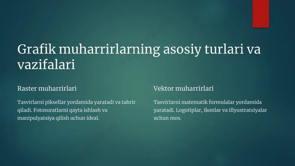 funktsiyalar modellashtirish shakllar va ob'ektlar yaratish. teksturalash materiallar va ranglar qo'shish. yoritish sahnalarni yoritish effektlari. renderlash yakuniy tasvirni yaratish. 3d grafik muharrirlarida renderlash yoritishni hisoblash 1 soyalarni hisoblash 2 materiallarni hisoblash 3 tasvirni yaratish 4 renderlash jarayoni yoritish, soyalar va materiallarni hisoblaydi. yakuniy tasvir yuqori sifatli bo'lishi kerak. 3d modellashtirish texnikalari 1 wireframe modellash skelet shaklini yaratish. 2 solid modellash hajmli ob'ektlar yaratish. 3 surface modellash yuzalar bilan ishlash. 3d grafik muharrirlarining qo'llanilishi 1 o'yinlar sanoati o'yin qahramonlari va muhit yaratish. 2 arxitektura binolarni vizualizatsiya qilish. 3 film va animatsiya maxsus effektlar va animatsiya yaratish. grafik dizaynning asosiy prinsiplari va ularni qo'llash muvozanat elementlarni vizual tarzda muvozanatlash. kontrast elementlar orasidagi farqni ta'kidlash. ierarxiya muhim ma'lumotlarni ta'kidlash. 12 • har bir muharrir o‘ziga xos imkoniyatlarga ega. • ish talabiga qarab mos muharrirni tanlash muhim. • boshlang‘ich foydalanuvchilar uchun canva va gimp tavsiya etiladi. • professional ishlar uchun photoshop, illustrator va blender …