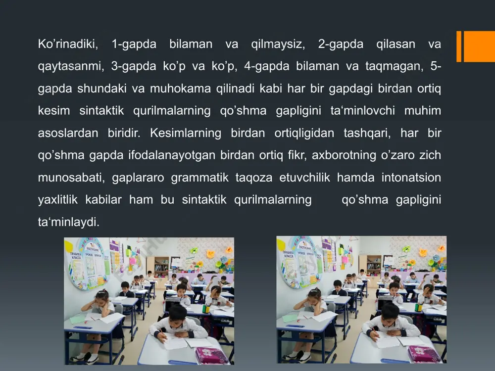 ng. 2- topshiriq. do‘stlar diydoridan ortiq quvonch, firog‘idan ortiqroq g‘am yo‘q (rudakiy) gapini ko‘chirma gapli qo‘shma gapga aylantiring. tinish belgilarini tushuntiring. g\n t muallif gapi ko‘chirma gapdan keyin, uning o‘rtasida yoki ko‘chirma gap muallif gapining o‘rtasida kelsa, tinish belgilari quyidagicha ishlatiladi: m iso11ar: 1. «aqlli kishi sabr etar har nafas», —deydi sa’diy sheroziy. 2. «jaholat —o4im, —deb aytadi nosirxisrav, — bilim esa tiriklikdir». 3. alisher navoiy: «oz-oz (frganib dono ochig, qatra-qatra yig4lib daryo ochig», —deb aytgan edi. e’tiboringiz uchun tashakkur! image2.jpeg image3.jpeg image4.png /docprops/thumbnail.jpeg