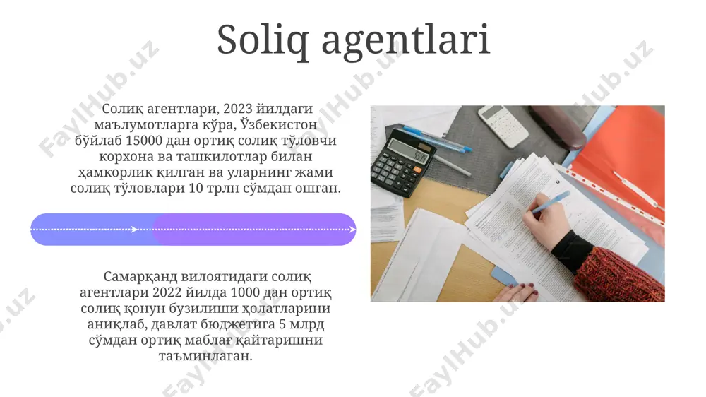 'sir ko'rsatadi. soliq tekshiruvi сурхондарё вилоятида ўтказилган солиқ текшируви натижаларига кўра, 2023 йилнинг биринчи чорагида 15 та корхонада ҳисоб-китоблардаги ноаниқликлар сабабли 3 миллиард сўмдан ортиқ солиқ санкциялари қўлланилган. солиқ текширувлари давомида 2022 йилда тошкент шаҳрида 500 дан ортиқ корхонада солиқ қонунчилиги бузилишлари аниқланиб, жами 10 миллиард сўмдан ортиқ солиқ қарздорлиги аниқланган. soliq stavkasi 2023-yil holatiga ko'ra, o'zbekistonda jismoniy shaxslar uchun soliq stavkalari daromad miqdoriga qarab 10% dan 25% gacha o'zgarib turadi va bu stavkalar toshkent shahrida ham, qoraqalpog'iston respublikasida ham bir xil qo'llaniladi. korxonalar foydasidan olinadigan soliq stavkasi o'zbekiston respublikasida 2024 yil 1 yanvardan boshlab 15% ga teng bo'lib, bu o'rtacha darajadagi ko'rsatkich hisoblanadi va mintaqadagi boshqa davlatlarga nisbatan pastroq. e'tiboringiz uchun rahmat @taqdimot_robot image4.jpg image5.jpg image6.jpg image7.jpg image8.jpg image9.jpg image10.jpg image11.jpg image12.jpg image13.jpg image14.jpg image15.jpg image16.jpg image17.jpg image18.jpg image19.jpg image20.jpg image1.jpeg image2.jpeg image3.jpeg