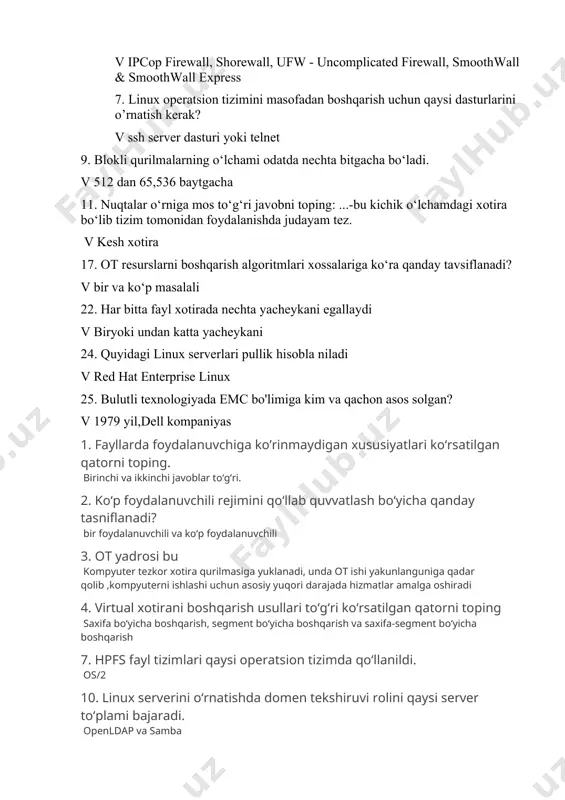 imlarini ko‘rsating fat, hpfs, ntfs 20. numa multiprotsessor tizimlarining nechta xususiyati mavjud. 3 21. windows server qaysi kampaniya tomonidan ishlab chiqilgan microsoft 22. ot resurslarni boshqarish algoritmlari xossalariga ko‘ra bir masalalilarga nimalar kiradi? ms-dos, msx 24. hozirgi vaqtda eng ommabop server operatsion tizimni ko‘rsating linux server 2. fat – file allocation table – fayllar tizimi kim tomonidan ishlab chiqilgan. bill geyts va mark makdonald 3. biosning funksiyalari: kompyuter yuklanayotganda uning asosiy komponentalarini avtomatik testlaydi 6. bulutli hisoblashni eng keng qo‘llab quvvatlovchi ot nomini toping? microsoft windows azure. windows.net 10. kompyuter xotirasi eslab qolish qurilmasi 2 ta darajaga bo‘linadi bular quyidagilar. asosiy xotira va ikkilamchi xotira 11. linux operatsion tizimining umumiy boshqaruvini asosiy ko‘rsatkichlari keltirilgan qatorini toping? guid, uid va suid 4. linux operatsion tizimining umumiy boshqaruvida nechta asosiy ko’rsatkichga egadir? 3 15. qaysi biri oldin keladi fayl nomimi yoki faylning kengaytmasimi? faylning nomi 16. os/2 operatsion tizimi nechanchi yili ishlab …