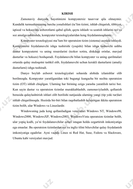 ora va slackware, ubuntu kabi versiyalari mavjud. 1. operatsion tizim (ot) tushunchasi operatsion tizimning vazifasi kompyuter ishini boshqarishdan iborat, ya’ni u dasturlarni ishga tushiradi, ma’lumotlar himoyasini ta’minlaydi, foydalanuvchilarning va dasturlarning talablari boyicha turli servis amallarini bajaradi, printer va boshqa kompyuterga ulangan «tashqi» qurilmalar ishini boshqaradi. kompyuterga yuklanuvchi ixtiyoriy dastur operatsion tizim xizmatidan foydalanadi, shuning uchun bu dastur faqat unga shu xizmatlarni ta’minlab beruvchi operatsion tizim boshqaruvida ishlaydi. operatsion tizimni tanlash juda muhim, chunki u foydalanuvchi kompyuterida qaysi dasturlar bilan ishlash mumkinligini, uning ma’lumotlari himoyasining darajasini, qanday texnik vositalari kerakligini va hokazolarni aniqlaydi. shaxsiy kompyutеrlarning opеratsion tizimlari yaratilishi tarixiga nazar solsak, sakkiz razryadli shaxsiy kompyutеrlar uchun yaratilgan birinchi opеratsion tizim cpfm-80 (control programm for microcompyters, ya’ni mikrokompyutеrlar uchun boshqaruvchi dasturlar) nom bilan tanilgan. uning muallifi digital research kompaniyasisining prеzidеnti gеri kildell bolgan. hozirda operatsion tizimlarning juda kop turlari mavjud bolib ulardan quyidagilarni misol keltirishimiz mumkin:- unix, ms dos, ps dos, drd …