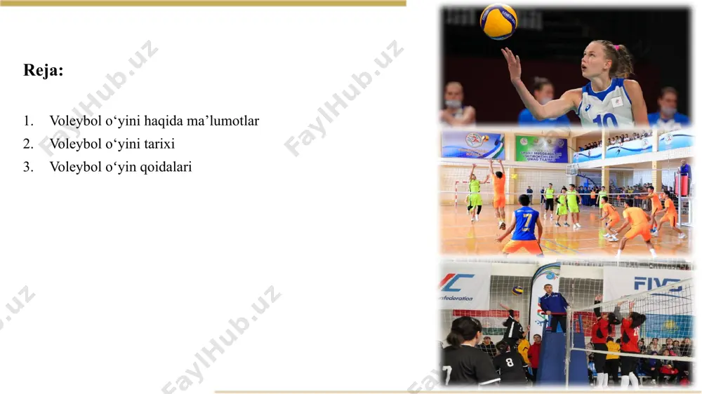 0,65 x 8,2 m, balandligi 198 sm toʻpning vazni 340 g, aylanasi 63,5 – 68,5 sm oʻyinchilarning soni chegaralanmaydi va hokazo. voleybol oʻzbekistonda 1920-yildan oʻynaladi. oʻzbekiston respublikasi 1991-yil xalqaro voleybol federatsiyasiga, 1992-yil osiyo voleybol konfederatsiyasiga aʼzo boʻlib kirdi. oʻzbekistonda bu sport turi bilan 700 mingdan ortiq kishi muntazam shugʻullanadi. u maktablarda ommaviy tus olgan, jismoniy tarbiya boʻyicha dasturning ajralmas qismi hisoblanadi. o‘zbekiston voleybol fediratsiyasi voleybol oʻyinni maydoni va qoidasi voleybol o‘yini maydoni oddiy va plyaj voleybolida kortning o’lchami uzoq vaqtdan beri xalqaro voleybol federatsiyasi (fivb) javobgar bo’lgan qoidalar bilan belgilanadi. agar o’yinning boshqa nuanslariga kelsak, qoidalar tez-tez o’zgarib tursa, o’lchamlarda ular o’nlab yillar davomida o’zgarmas bo’lib qoladi: oddiy platformaning uzunligi – 18 m, kengligi – 9 m plyaj voleyboli maydoni uzunligi – 16 m, kengligi – 8 m o’yinchilarning yoshi va jamoalarning holati, maktab musobaqalari yoki olimpiya turniri bo’lishidan qat’i nazar, o’lchamlar har doim standart bo’lib qoladi. o’zgarishlar faqat to’rning …