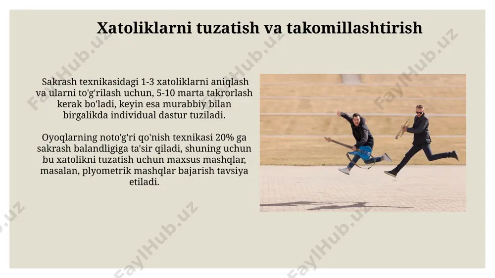 irish asosiy omillar hisoblanadi. balandlikka sakrashda 2-3 qadamlik yugurish tezlashuvi va 180 graduslik oyoqlarning yorilish burchagi muhim rol o'ynaydi. uch uzunlikka sakrash texnikasi to‘liq tezlikka erishish uchun yugurish masofasi 35-40 metrni tashkil etadi va bu masofa sportchining individual xususiyatlariga qarab sozlanishi mumkin. uch uzunlikka sakrashda yugurish tezligi 30-35 km/soat oralig‘ida bo‘lishi kerak, bu esa yetarli impuls olishni ta’minlaydi va sakrashning samaradorligini oshiradi. uzoqqa sakrash texnikasi sakrashning balandligi va uzoqligi to'g'ridan-to'g'ri yugurish tezligi va itarish kuchining kattaligiga bog'liq bo'lib, optimal natija uchun 1:1,5 nisbatiga erishish maqsadga muvofiqdir. uzoqqa sakrashda 45 graduslik burchak ostida yugurish tezligini maksimal darajada oshirish muhim, chunki bu optimal kuch va masofani ta'minlaydi. e'tiboringiz uchun rahmat @taqdimot_robot image3.jpg image4.jpg image5.jpg image6.jpg image7.jpg image8.jpg image9.jpg image10.jpg image11.jpg image12.jpg image13.jpg image14.jpg