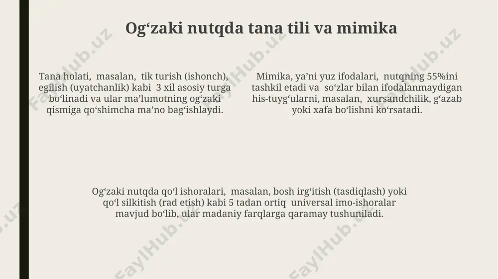 iri oʻziga xos til uslubi va leksik birliklariga ega. suhbatning samaradorligi 70% tinglash va 30% gapirish qobiliyatiga bogʻliq boʻlib, faol tinglash koʻnikmalari muhim ahamiyat kasb etadi. suhbatda ishtirok etuvchilar soniga qarab, ikki tomonlama (dialoq) yoki koʻp tomonlama (polemika, munozara) suhbatlarni ajratish mumkin. e'tiboringiz uchun rahmat @taqdimot_robot