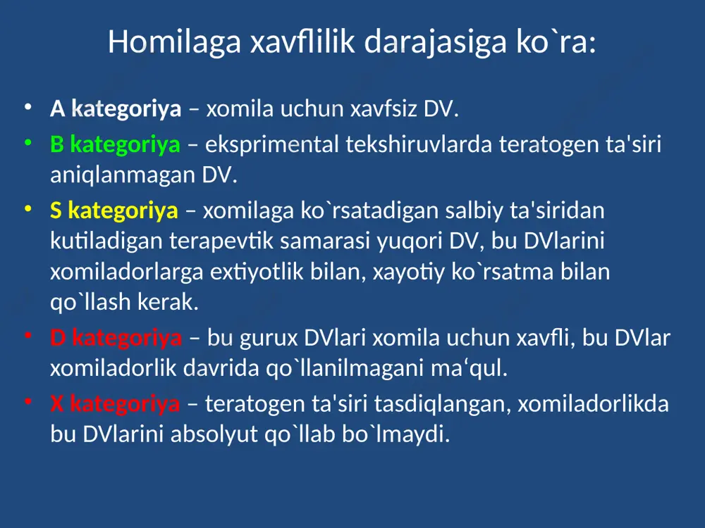 shi dv – metronidazol, tinidazol, ornidazol anestetiklar – ketamin, sombrevin, novokain, lidokain, analgetiklar – morfin, promedol, paracetamol, analgin tutkanokka qarshi dv – etoksuksimid, fenobarbital (kichik dozada), karbamazepin, valproat antidepressantlar – amitriptillin, imipramin, amoksapin, maprotilin, fluoksetin, sertralin tinchlantiruvchi va uyku chakiruvchi dv – valeriana, fenobarbital (kichik dozada), zolpidem, diazepam, mezapam, sibazon homiladorlik davrida psixotrop dvlarining qo`llanilishi simpatomimetiklar – adrenalin, efedrin, salbutamol, salmeterol metilksantinlar – eufillin, teofillin m-xolinoblokatorlar – atropin, platifillin, atrovent glyukokortikoidlar – prednizolon, deksametazon, triamcinalon yutalga qarshi dv – bromgeksin, ambroksol, acetilcistein, sinekod, bronxosan, stoptussin antigistamin dv – dimedrol, suprastin, pipolfen, astemizol, terfenadin va x.k. homiladorlik davrida nafas tizimiga ta'sir etadigan dvlarining qo`llanilishi kortikosteroidlar kuyonlab androgenlar virilizaciya, jinsiy a'zolarda turli uzgarishlar usmaga qarshi dv kuplab nuksonlar rivojlanadi antidepressantlar oyok-qo`llarning rivojlanishidagi nuksonlar antiesterogenlar daun sindromi va nerv sistemasining nuksonlari malyariyaga qarshi dv karlik, akliy pastlik, yolgon germa froditizm neyroleptiklar abort, katarakta, yurak poroklari tuberkulyozga karshi encefalopatiya, turli anomaliyalar estrogenlar virilizaciya, mns …