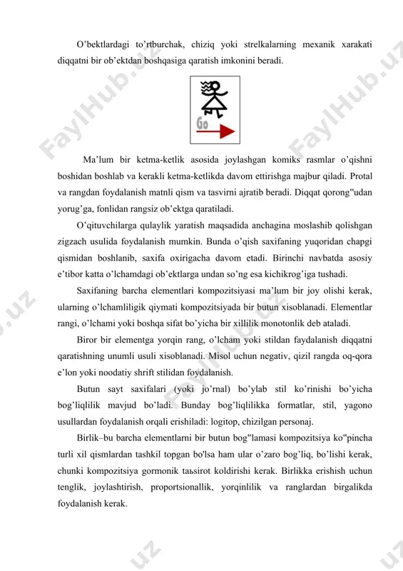 aridan biri bu chiziq. oraliqni chegarlash, formaga namyoq qilish, biror aniq muxitni yaratish talab qilinganda chiziqlardan foydalaniladi. to’g’ri, egri, siniq, murakkab chiziqlar aniq ko’rinmasa har deyarli ko’pgina joylarda foydalaniladi. kompozitsiyada muhim ob’ektlarni ajratib ko’rsatish va kompozitsiya markazini aniqlash (mantiqiy) uchun dog’lardan foydalaniladi. dog’lar yechayotga mosolasiga ko’ra rangli va ton ko’rinishda bo’lishi mumkin. ushbu misolda katta qora dog’ uyning barcha kompozitsiyasini ushlab turibdi, yorqin dog’ osmonni va daraxning bir qismi uy bilan birlashib turibdi. tashqi soddaligidan juda jiddiy va ishonchli kompozitsiya. ikkinchi misolda proportsionallik ko’rsatilgan. barcha format bo’ylab dog’ o’lchami katta o’lcham, bo’shliq, yolg’izlik yoki aksincha ta’surot beradi. kompozitsiyani aks ettirishini mukommalliligi, uni saqlab qolish to’g’ridan to’g’ri ritmga bog’liq. ritm o’zida saxifada blokdan boshlab pauzagacha va kompozitsiya siriftlariga ustun kabi ko’pincha yo’nalishlarda aks etadi. ritm qanchalik monoton bo’lsa, kompozitsiya shunchalik zerkarlik bo’ladi. saxifa yangiliklari va kompozitsiyalarda tasvir, elementlar va pauza ritmlari muxim xisoblanadi. yorqinlik ajratish imkonini beradi va ikki yoki undan …