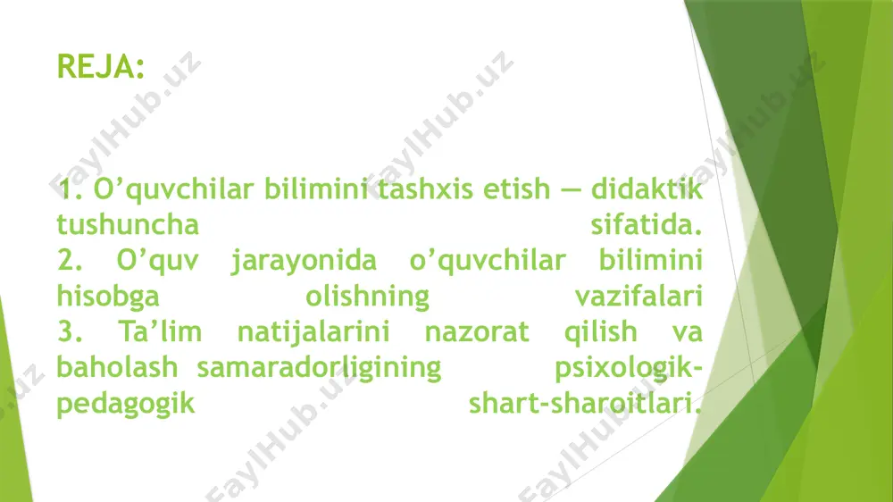 tirib olganiga ishonch hosil qilgandan so‘ng o'tkazish mumkin. bilimlarni baholashga qo‘yiladigan talablar. o‘quvchilar bilimini baholashga qancha xolis munosabatda bo‘linsa, u o‘quvchilarni shuncha rag‘batlantiradi. qoidaga ko‘ra baho o‘quvchining darsdagi xulq-atvoriga mukofot yoki jazo sifatida emas, balki bilimi darajasi va xususiyatiga qo‘yilishi kerak. bahoga qo‘yilgan talablar optimal (oshirib yuborilmagan ham, pasaytirib yuborilmagan ham) bo‘lishi lozim. baholarni «oshirish»o‘quvchilar rivojlanish darajasini, bilimini pasaytiradi. shu bilan birga, juda katta talab qo‘yish ham zararli bo‘lib, o‘quvchining o‘qishga bo‘lgan qiziqishini so‘ndiradi. bilimlarni tekshirish va baholashdagi asosiy kamchiliklar: - uning vazifalarini (funksiyalarini) noto‘g‘ri tushunish; - ta’lim jarayonida uning rolini asossiz ko‘tarib yuborish; - tekshirish va baholashning darsda asosiy maqsadga aylanib qolishi; - bilimlarni tekshirish va baholashda bir xil texnologiyadan foydalanish; - baholarni qo‘yishda subyektivizmga yo‘l qo‘yish va aniq, asoslangan mezonlarning yo‘qligi. bilim, uquv va ko’nikmalarni baholash. takrorlashning turli uslublari mavjud. hammasidan avval bu: ko’rilgan diafilmlar yoki kinofilmlar, suratlar, kontur kartalar bo’yicha suhbat vaqtida, o’quvchilar tomonidan tajribalar o’tkazilayotganida; masalalar …