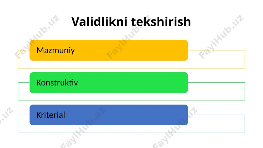 . ba’zi shaxslik testlari bunday chegaradan chetga chiqishiga ham to‘g‘ri keladi. baholarning miqdoriy differensiallashgan xarakterga egaligi. test shkalalari va standartlashganlik uning aniqlovchi instrumenti sanaladi psixologik testlarning kamchiliklari ommaviyligi ularni ishlatish, ba’zida bir qator oqibatlarga olib kelishi mumkin. yo‘riqnomalarni tushunmasdan javob berishga to‘g‘ri kelib qolishi, profanatsiya xavfi. bu so‘z ma’nosini ifodalashda hosil bo‘ladigan effekt. masalan mutaxassislar saralash sharoitida mmpi qo‘llash, sakkizinchi shkaladagi maksimal ball «shizofreniya»ni aniqlashga yordam beradi bu original tafakkurni baholovchi sanaladi, to‘rtinchi shkalada «psixopatiya-impulsivlik» tarzda ifodalangan. testning savollari sog‘lom shaxsni ancha talvasaga solib qo‘yadi. individual yondashuvning yo‘qligi (stressga chidamlilik). test yoppasiga o‘tkazishga ancha qo‘l kelganligi sababli, unda individual xarakterdagi jihatlar e’tibordan chetda ham qolib ketadi. ishonchlilik sharoitlarini bo‘lmasligi. test protseduralarining rasmiylik xarakteriga ega ekanligi, psixologning uning muammosiga shaxsan qiziqishiga nisbatan ishonchsizlik olib keladi. noadekvat murakkablik individual yondashuvning yo‘qolishi. ba’zan yuqori ma’lumotli darajasida tuzilmagan testlarda hatdan ortiq murakkablik yosh xususiyatlariga tag‘sir etadi. e`tiboringiz uchun raxmat, sog` bo`ling! image1.png /docprops/thumbnail.jpeg